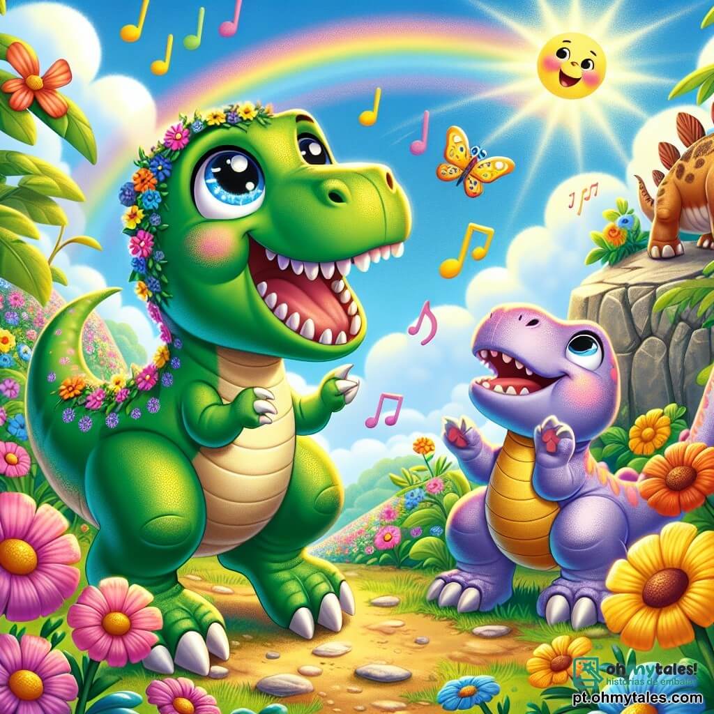 Um Tyrannossauro Rex chamado Tico, com uma pele verde brilhante e olhos cheios de curiosidade, dança alegremente no meio de um jardim mágico, com um grande sorriso no rosto. Ao seu lado, uma pequena brontossauro chamada Lili, com pele azul pastel e grandes olhos suaves, o encoraja levantando suas patas dianteiras, enquanto um estegossauro chamado Zé, com suas placas dorsais coloridas, os observa rindo, sentado em uma pedra. O jardim está cheio de flores multicoloridas que dançam e cantam sob um céu ensolarado com nuvens fofas. A cena mostra Tico e seus amigos se divertindo juntos, cercados pela beleza da natureza, celebrando sua amizade em um momento de alegria e magia.
