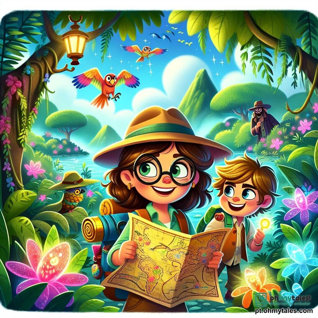 Uma jovem chamada Sofia, com cabelos castanhos e óculos redondos, sorri maravilhada enquanto segura um mapa antigo nas mãos. Ela usa um chapéu de exploradora e uma mochila colorida cheia de ferramentas científicas. Ao seu lado, um menino chamado Kiko, com cerca de 10 anos, tem cabelos loiros bagunçados e um grande sorriso. Ele aponta para uma planta luminosa que cresce perto deles. A cena acontece em uma ilha mágica, com árvores de flores vibrantes, pássaros de penas cintilantes voando em um céu azul claro e uma leve neblina flutuando sobre o chão. Ao longe, vêem-se montanhas verdes e rochas de formas estranhas. Sofia e Kiko exploram a floresta encantada, fascinados pelas maravilhas ao seu redor, enquanto um homem misterioso, o Doutor Malvado, se esconde atrás de uma árvore, observando suas descobertas com um olhar sorrateiro.