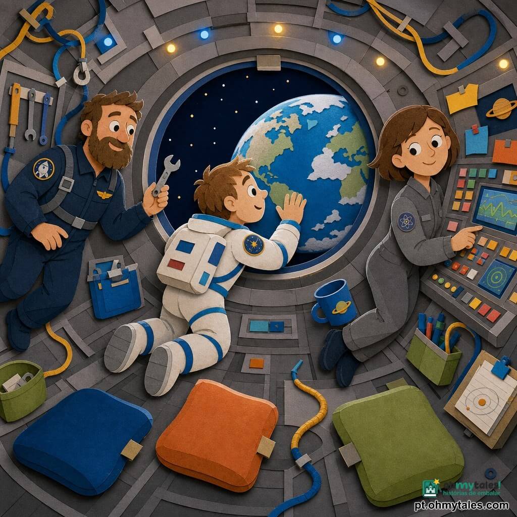 Um homem, Tomás, astronauta de rosto redondo e sorridente, olhos maravilhados, veste um traje branco com faixas azuis e encosta a mão e a testa numa grande janela circular para admirar a Terra; uma mulher cientista de cerca de 30 anos, cabelos curtos castanhos e roupa cinza, flutua à direita junto a um painel luminoso verificando botões com calma e um leve sorriso; um homem piloto de cerca de 40 anos, barbuado e de traje escuro, está preso por um cordão no teto à esquerda, segura uma pequena chave flutuante e observa Tomás com orgulho; interior de cabine espacial redonda com paredes cinzentas texturadas, almofadas coloridas, cordões e ferramentas pendurados e luzes LED azuis e douradas; cena calorosa e silenciosa em que Tomás contempla a pequena e bela Terra brilhante pela grande janela enquanto a equipe flutua e trabalha em harmonia.