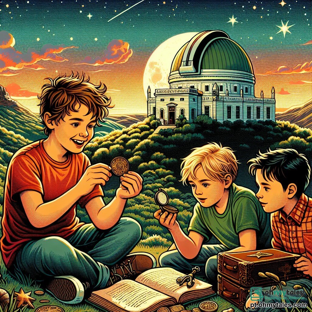 Três meninos, Lucas, Miguel e Tomás, estão no centro da imagem. Lucas, de 10 anos, tem cabelo castanho bagunçado e usa uma camiseta vermelha com jeans. Ele sorri, segurando uma moeda antiga. À sua direita, Miguel, também de 10 anos, tem cabelo loiro e usa um boné azul com uma camiseta verde. Ele olha para uma pequena bússola com olhos admirados. À esquerda, Tomás, o mais sério do grupo, tem cabelo negro e usa uma camisa xadrez. Ele folheia um jornal de couro, com o rosto concentrado. Ao fundo, vê-se o famoso Observatório Griffith, com seu domo branco brilhando sob o sol poente, cercado por colinas verdes. O céu é tingido de tons de laranja e rosa, criando uma atmosfera mágica. Os meninos, guiados por um homem misterioso de chapéu, exploram a cidade, descobrindo tesouros escondidos e histórias fascinantes. Eles estão em uma aventura, prontos para viver momentos inesquecíveis nesta cidade cheia de surpresas.