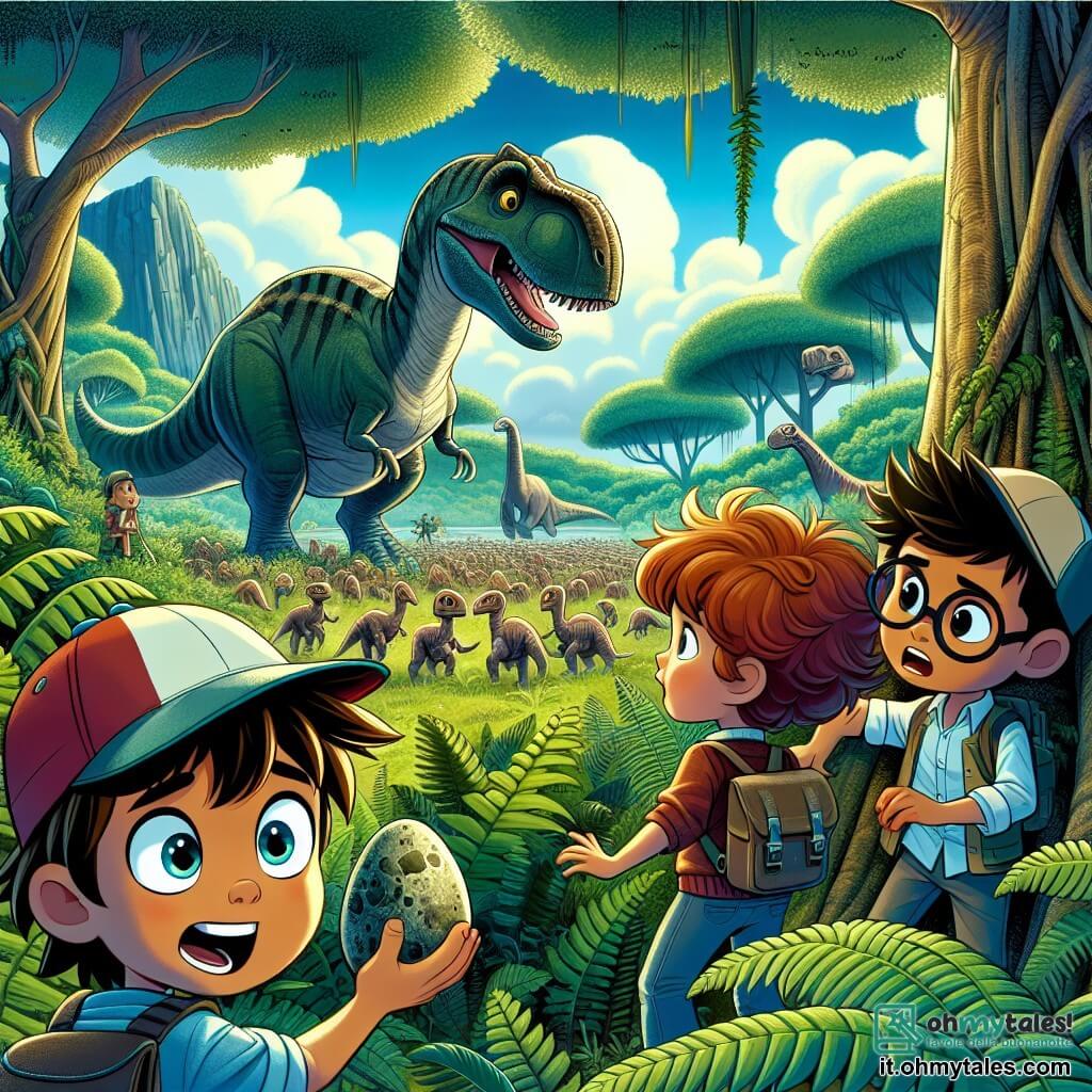 In una foresta preistorica lussureggiante, Marco, un ragazzo di 11 anni con capelli castani e occhi scintillanti di eccitazione, si trova al centro, tenendo un grande uovo di dinosauro sotto il braccio. Alla sua destra, Luisa, una ragazza di 11 anni con capelli rossi e ricci, osserva attentamente un gruppo di piccoli dinosauri con uno sguardo curioso. A sinistra, Tommaso, un ragazzo di 11 anni con occhiali e capelli castani, indica un enorme diplodoco che si muove lentamente sullo sfondo. La foresta è densa, piena di felci giganti e alberi con tronchi massicci, mentre i suoni di creature preistoriche risuonano intorno a loro. Il cielo è di un blu brillante, punteggiato di nuvole bianche e soffici, creando un'atmosfera magica e misteriosa. La scena principale mostra Marco, Luisa e Tommaso in azione, mentre cercano di recuperare l'uovo di dinosauro rubato da un cacciatore del futuro, evitando gli sguardi dei dinosauri che li circondano.