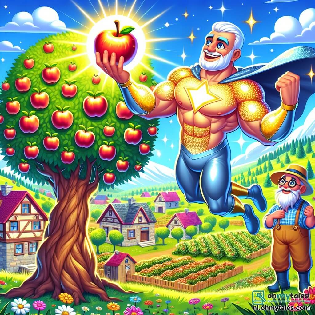 Een superheld genaamd Bliksemman, een gespierde man met een glanzende cape en sprankelende ogen, laat een appelboom stralen met zijn lichtkrachten. Hij heeft een grote glimlach, die zijn vastberadenheid en vreugde om anderen te helpen toont. Naast hem kijkt een oudere man, de boer van ongeveer 60 jaar, met een witte baard en een strohoed, verwonderd naar de appels die beginnen te stralen en te groeien aan de boom, terwijl hij zijn dankbaarheid uitdrukt. De achtergrond is een charmant dorp met kleurrijke huizen, omringd door groen en stralende bloemen, onder een heldere blauwe lucht met donzige witte wolken. De hoofdscène toont Bliksemman die zijn magische licht gebruikt om de appels van een verdorde boom nieuw leven in te blazen, terwijl de boer, vol hoop, het spektakel met wijdopen ogen bewondert.