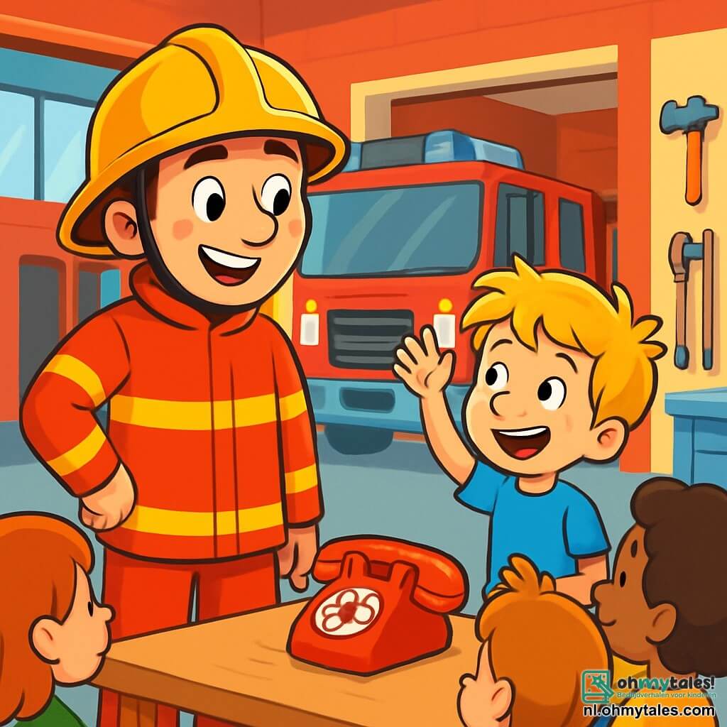 Een brandweerman, genaamd Bram, staat met een grote glimlach op zijn blije gezicht, gekleed in een glanzend rode overall en een schitterende helm. Zijn ogen stralen van opwinding terwijl hij naar een groep kinderen kijkt. Naast hem steekt een 8-jarige jongen, Finn, met rommelig blond haar en een blauwe t-shirt, enthousiast zijn hand op, benieuwd naar de wereld van brandweermannen. De scène speelt zich af in een lichte en uitnodigende brandweerkazerne met rode muren, glanzende brandweerwagens op de achtergrond en zorgvuldig opgeborgen reddingsgereedschap. Bram legt gepassioneerd zijn werk uit aan de kinderen, terwijl een rode telefoon op de tafel trilt, klaar om te rinkelen voor een nieuw avontuur.