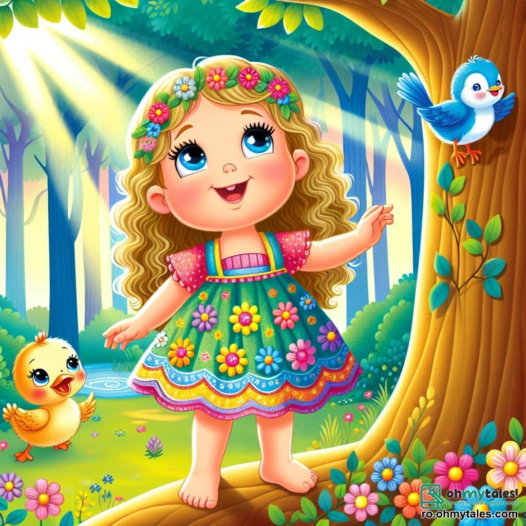 O fetiță de 4 ani, pe nume Lena, stă în vârful unui copac mare, cu părul blond creț și ochii strălucind de curiozitate. Ea poartă o rochie colorată cu modele florale și zâmbește cu uimire, privindu-se în jur. Lângă ea, o pasăre albastră, cu pene strălucitoare, cântă veselă, așezată pe o ramură. Jos, un rațoi cu penaj strălucitor și cioc portocaliu înotă într-un iaz, ridicându-și capul spre Lena cu un aer recunoscător. Locul este o pădure fermecată, unde copacii sunt măreți și razele soarelui filtrează printre frunze, creând umbre dansante pe solul acoperit cu flori multicolore. Situația principală o arată pe Lena, pasărea și rațoiul uniți într-o căutare a unui tezaur ascuns, plini de emoție și magie, în timp ce descoperă cristale strălucitoare într-o peșteră misterioasă.