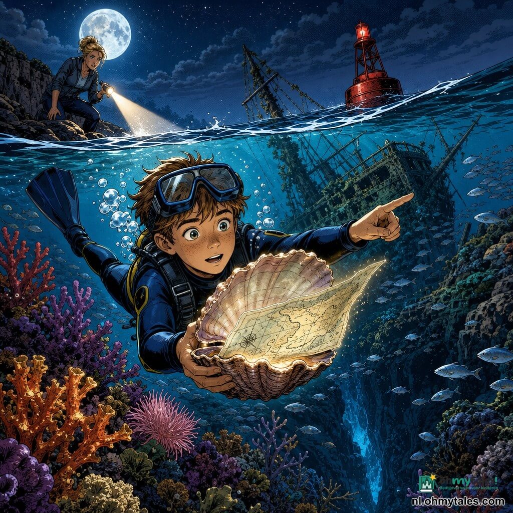 Een 12‑jarige jongen met rond gezicht en sproeten, grote verwonderde ogen en nieuwsgierige, vastberaden uitdrukking zwemt in een marineblauwe duikpak met masker op het voorhoofd en vinnen, houdt een lichtgevende schelp vast die een parelachtige kaart uitrolt, zijn kastanjebruine haar plakt door het water; tante Linde (ongeveer 35), licht huid en blond haar in een knot, kijkt vanaf de oever met een zaklamp, bezorgd maar zelfverzekerd; hij zwemt boven een kleurrijke koraaltuin met oranje en paarse koraaltakken, roze anemonen en scholen zilveren visjes, op de achtergrond een met groene algen bedekt scheepswrak en een rode boei bij een donkere kloof; maanblauw licht en lichtstralen door het water, opgaande lichtgevende bellen; de jongen wijst met de schelpkaart een richting aan — onderwater avontuursfeer met gedetailleerde texturen en verzadigde kleuren.