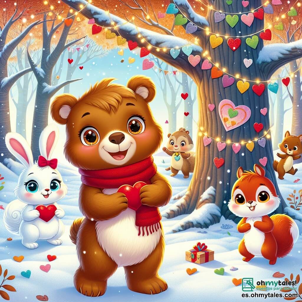 En el centro de la imagen, un pequeño oso marrón llamado Bruno, con una sonrisa brillante y ojos chispeantes de alegría, está de pie bajo un gran árbol decorado con corazones de papel y guirnaldas coloridas. Lleva una pequeña bufanda roja alrededor del cuello y sostiene un corazón de papel en sus patas. A su derecha, un pequeño conejo blanco llamado Lucas, con orejas largas y un aire tímido, mira a Lila con mejillas sonrojadas, sosteniendo un pequeño regalo en sus patas. A la izquierda, una adorable ardilla llamada Lila, con pelaje rojizo y ojos brillantes de emoción, sonríe alegremente mientras sostiene una pequeña caja de chocolates. El lugar es un hermoso bosquecillo en pleno invierno, con árboles majestuosos cubiertos de nieve brillante, copos de nieve cayendo suavemente y un suelo cubierto de hojas doradas. La escena está llena de colores vivos, con animales del bosque que bailan y se divierten a su alrededor. La situación principal muestra a Bruno, Lucas y Lila preparándose para celebrar el Día de San Valentín, rodeados de sus amigos, compartiendo risas y abrazos, ilustrando la magia de la amistad y el amor.