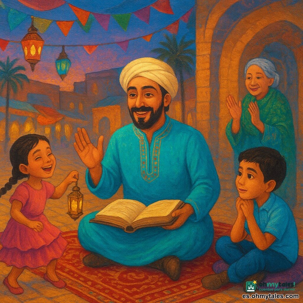 Hombre de mediana edad, cabello negro rizado y barba cuidada, rostro sonriente, viste túnica turquesa bordada y turbante crema; sentado sobre una gran alfombra persa roja y dorada, sostiene un libro antiguo abierto y llama a los vecinos con un gesto cordial. Niña de 7 años, pelo trenzado y vestido rosa con volantes, ríe y baila a la izquierda agitando una pequeña linterna metálica dorada junto al borde de la alfombra. Niño de 10 años, pelo corto y camisa azul clara, escucha atento sentado en un cojín a la derecha del hombre. Anciana de 70 años, cabello gris en moño y chal verde bordado, está de pie aplaudiendo suavemente junto a una fuente de mosaico. Escena en una plaza vecinal al crepúsculo con adoquines ocres, arcadas de piedra, guirnaldas de faroles coloridos y telas flotando, palmeras y tiendas al fondo. Situación principal: velada comunitaria alegre inspirada en Las mil y una noches, luces cálidas, colores ricos (turquesa, púrpura, dorado), texturas visibles y ambiente mágico y acogedor, composición centrada en el cuentacuentos rodeado de niños y vecinos.