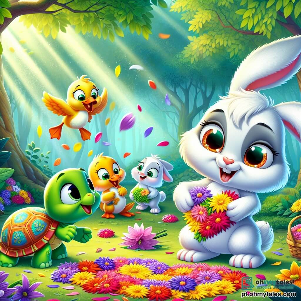 Um pequeno travesso chamado Valentim, um adorável coelho de pelos brancos e sedosos, com grandes olhos brilhantes de curiosidade, está reunindo pétalas de flores coloridas para criar um grande coração. Ele exibe um sorriso alegre e determinado, enquanto suas pequenas patas ágeis trabalham ao seu redor. Ao lado dele, Pingo, um pato amarelo vivo com um bico laranja e penas brilhantes, está colhendo lírios amarelos, rindo da situação. Mais adiante, Teca, uma tartaruga verde com uma carapaça decorada com padrões coloridos, observa com um sorriso gentil, segurando uma margarida em suas patas, pronta para ajudar. A cena acontece em uma clareira encantada, cercada por árvores majestosas com folhas vibrantes, onde o sol filtra através dos galhos, criando jogos de luz no chão coberto de flores. A situação principal mostra Valentim e seus amigos em ação, tentando reunir as pétalas espalhadas por um vento travesso, enquanto um redemoinho de cores dança ao seu redor, ilustrando a magia e a alegria do Dia dos Namorados.
