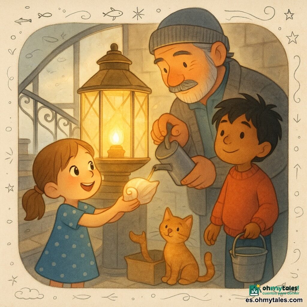 Luna, niña de 6 años, pelo castaño claro en coletas, vestido azul con lunares blancos, ofrece una pequeña concha nacarada hacia la gran lámpara de vidrio del faro; Tomás, hombre de unos 50 años, gorro gris, bigote suave y chaqueta de lana, vierte aceite de un frasco metálico junto a la mecha, inclinado para ayudar; Nico, niño de 8 años, pelo negro despeinado y jersey rojo algo grande, sostiene un cubo vacío unas escaleras atrás y mira la lámpara con admiración; el gato Chispa, pequeño y pelirrojo, sentado junto a una caja de cartón abierta con la cola enroscada; interior del faro antiguo con escalera de caracol de piedra, barandilla de hierro forjado y gran linterna de latón y vidrio facetado, cristales empañados que dejan pasar una luz dorada y el mar brumoso exterior; situación: la lámpara acaba de encenderse, luz cálida y radiante atraviesa la niebla, destellos dorados en los rostros, expresiones de orgullo y ternura, ambiente nostálgico y reconfortante; paleta: tonos dorados cálidos y azules grisáceos del mar, texturas tipo papel acuarela, iluminación suave y sombras ligeras; estilo gráfico: ilustración infantil simple y redondeada, trazos limpios, doodles blancos superpuestos (pececitos, estrellas, flechas), composición centrada en la lámpara y los tres personajes.