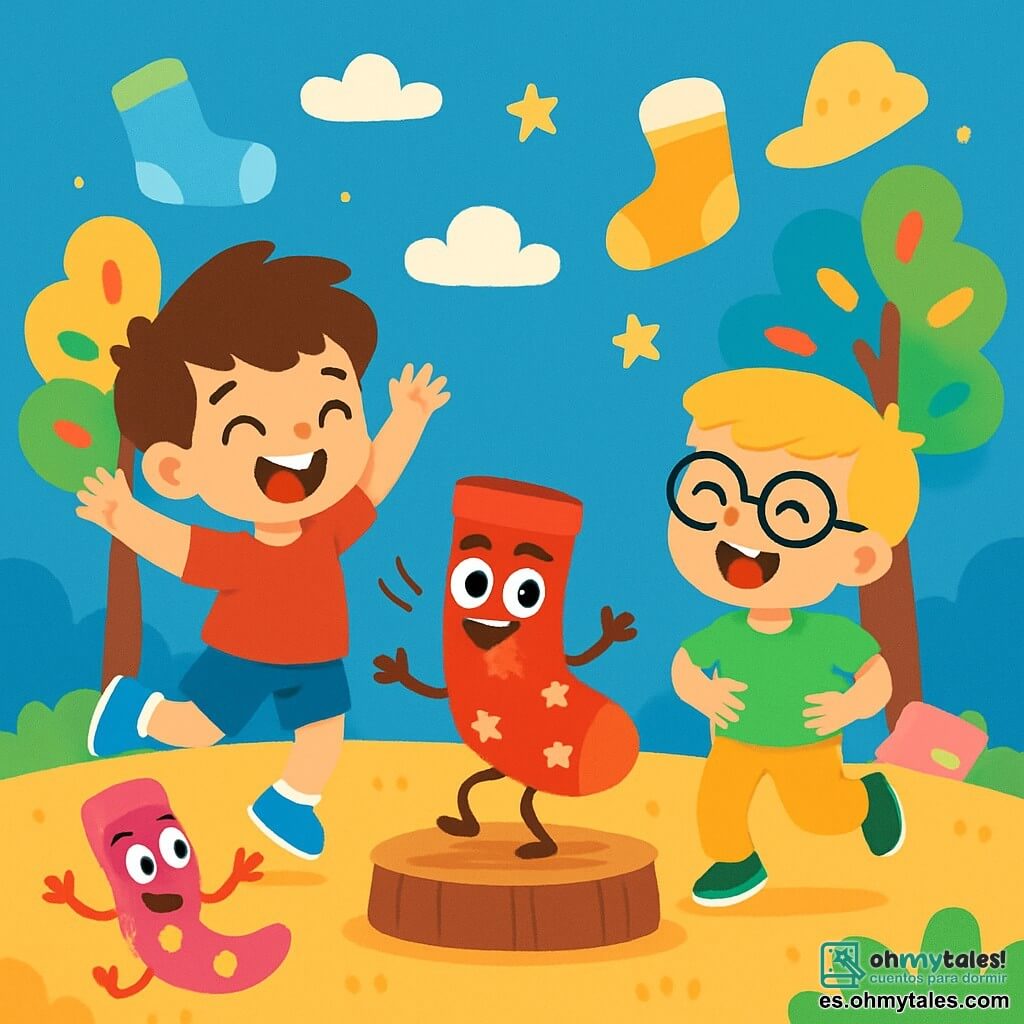 Hay 4 personajes: - Lucas: un niño de 3 años con cabello castaño desordenado, lleva una camiseta roja y un pantalón corto azul. Está saltando de alegría, con los brazos levantados y una gran sonrisa en el rostro. - Tomás: un niño de 3 años con cabello rubio y gafas redondas, vestido con una camiseta verde y un pantalón amarillo. Se ríe, con las manos en las caderas, mirando a Lucas con entusiasmo. - Pepe: un calcetín animado, de color rojo con estrellas blancas, que baila en un pequeño escenario de madera. Tiene ojos brillantes y una gran sonrisa, haciendo movimientos de baile alegres. - Pepa: un calcetín animado, de color rosa con lunares amarillos, que gira alrededor de Pepe, con los brazos en movimiento y una cara sonriente, llena de energía. La situación principal se desarrolla en un mundo fantástico lleno de calcetines coloridos que bailan. El suelo está cubierto de una suave alfombra de peluche, y árboles en forma de calcetines gigantes se elevan a su alrededor, con hojas multicolores. Nubes en forma de calcetines flotan en un cielo azul brillante, y estrellas centelleantes iluminan el lugar. La escena principal muestra a Lucas y Tomás, maravillados, bailando con Pepe y Pepa, todos juntos en un ambiente festivo alegre. Los niños saltan y ríen, mientras las calcetines bailan a su alrededor, creando una escena llena de colores brillantes y felicidad.