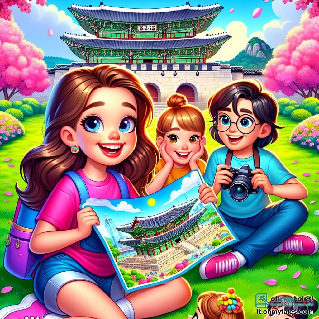 Una ragazza di 8 anni, Sara, con lunghi capelli castani e occhi scintillanti di curiosità, sorride entusiasta mentre tiene una grande mappa colorata di Seoul. Indossa una maglietta rosa acceso e un pantaloncino di jeans, seduta sull'erba verde, circondata dai suoi amici. Accanto a lei, Luca, un ragazzo di 8 anni con occhiali rotondi e capelli castani disordinati, ride mentre tiene una macchina fotografica, pronto a catturare il momento. Martina, una ragazza di 8 anni con trecce bionde e un bel sorriso, indica un magnifico palazzo sullo sfondo, mentre Hana, una ragazza di 8 anni con capelli neri lisci e un bel disegno di drago in mano, guarda con meraviglia. Il luogo è un parco vibrante di colori, con ciliegi in fiore dai petali rosa, un grande palazzo tradizionale coreano con tetti a pagoda e un cielo blu splendente. La scena principale mostra i bambini in piena esplorazione, ridendo e condividendo la loro gioia, pronti a scoprire le meraviglie della città insieme.