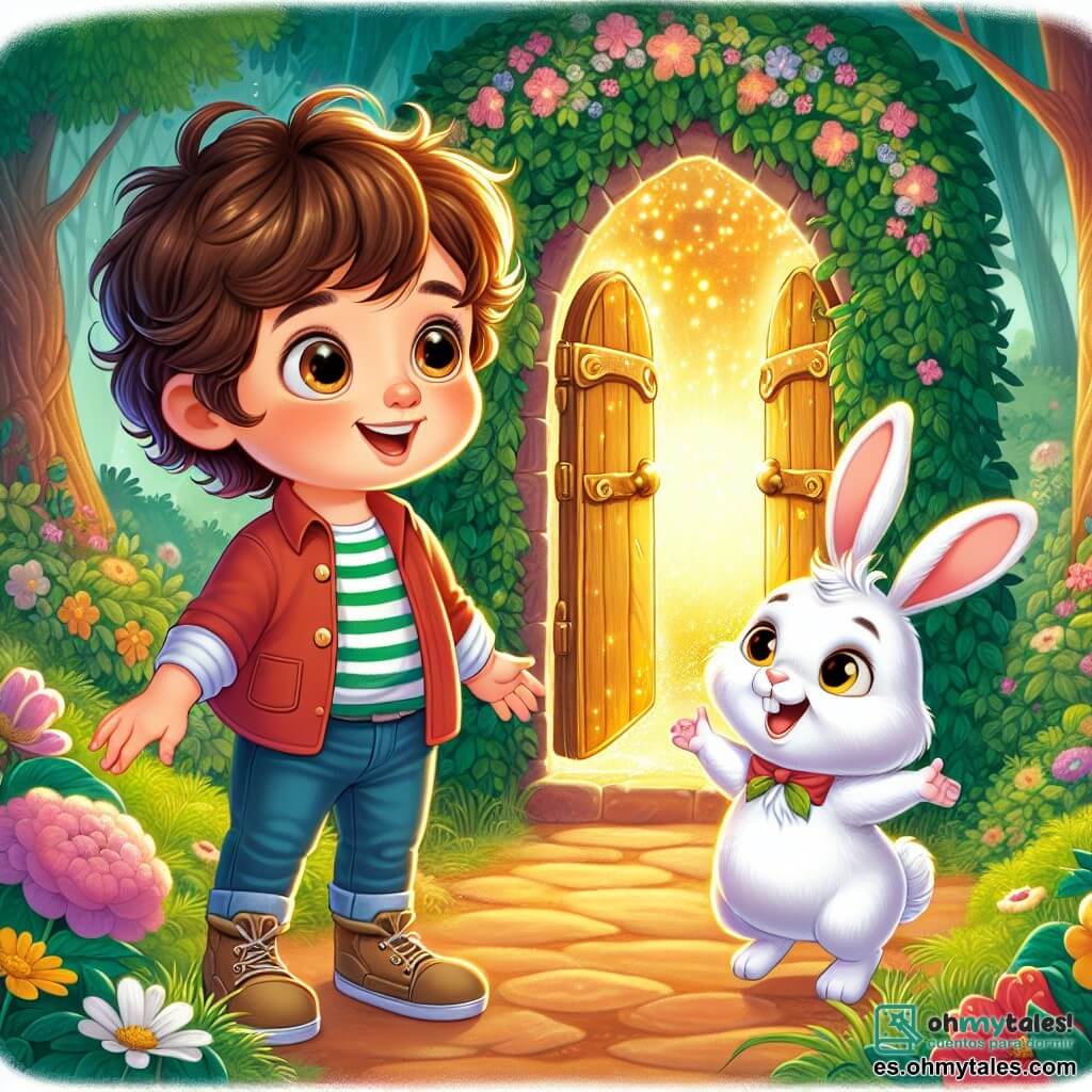 Un niño pequeño de 2 años, llamado Leo, con grandes ojos curiosos y cabello rizado, está frente a una puerta mágica que brilla con una luz dorada. Sonríe maravillado, con los brazos ligeramente abiertos, como si estuviera listo para explorar un nuevo mundo. A su lado, un adorable conejito llamado Bop, con pelaje blanco y orejas grandes, salta alegremente. Bop tiene una mirada traviesa y parece animar a Leo a entrar en la puerta mágica, adelantándose un poco. El lugar es un jardín exuberante, lleno de flores coloridas y árboles verdes. La puerta mágica está rodeada de enredaderas florecidas, y detrás se ve un bosque misterioso con árboles de troncos gruesos y hojas que parecen susurrar al viento. La escena principal muestra a Leo, con los ojos brillantes de emoción, listo para cruzar la puerta mágica, mientras Bop lo anima con un salto alegre. Juntos, están a punto de descubrir un mundo lleno de sabiduría y aventuras.