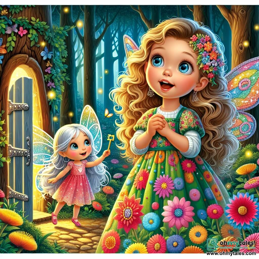 A 6-year-old girl with beautiful golden curls and sparkling curious eyes stands in front of a shimmering miniature door, her face glowing with excitement and wonder. She wears a colorful floral dress that dances around her. Next to her, a small fairy with iridescent wings, silver hair, and a gentle smile offers her a shining key, floating lightly in the air. The setting is an enchanted forest, where tall, gnarled trees rise majestically, their green leaves forming a canopy of soft light. Multicolored flowers line the path, and fireflies illuminate the atmosphere with a magical glow. The main scene shows Lily, amazed, in front of the magical door, ready to open it and discover the wonders that await her.