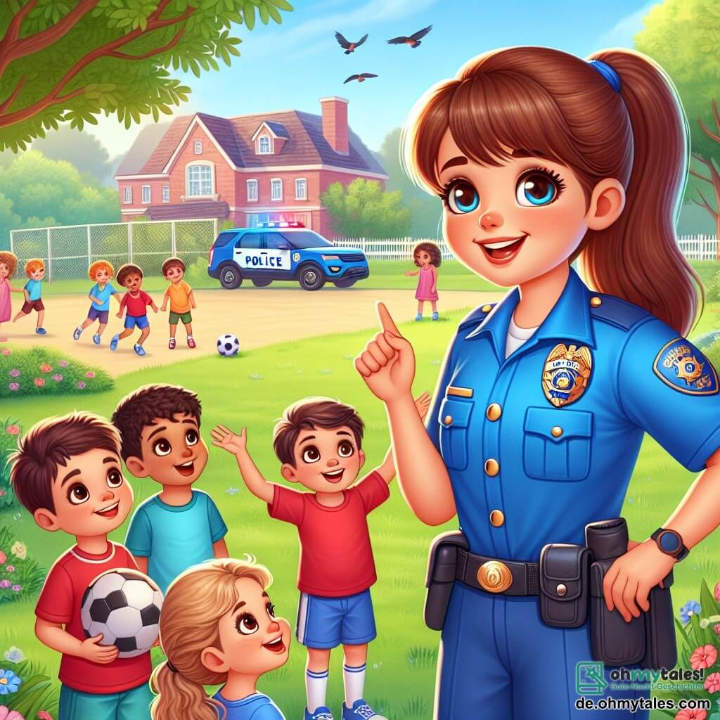 Im Vordergrund ist die junge Polizistin Mia mit einem breiten Lächeln im Gesicht zu sehen, die eine leuchtend blaue Uniform und ein glänzendes Abzeichen trägt. Sie hat braune Haare zu einem Pferdeschwanz gebunden und strahlende Augen voller Entschlossenheit. Sie spricht mit einer Gruppe von Kindern und ermutigt sie freundlich. Unter den Kindern steht ein Junge namens Tim, etwa 8 Jahre alt, vor Mia mit weit aufgerissenen Augen, trägt ein rotes T-Shirt und eine blaue Shorts. Er hebt die Hand, um eine Frage zu stellen, sein Gesicht strahlt vor Aufregung. Neben ihm steht ein Mädchen namens Lisa, ebenfalls 8 Jahre alt, mit lockigem, blondem Haar und einem rosa Kleid, das lächelt und Mia bewundernd anblickt. Die Szene spielt in einem sonnigen Park mit grünen Bäumen und bunten Blumen. Im Hintergrund sieht man eine Gruppe von Kindern, die auf einem gut gepflegten Rasen Fußball spielen, während Vögel in den Ästen singen. Die Hauptsituation zeigt Mia, die den Kindern die Bedeutung der Verkehrssicherheit erklärt und ihnen das Polizeifahrzeug zeigt, wodurch eine fröhliche und lehrreiche Atmosphäre entsteht.