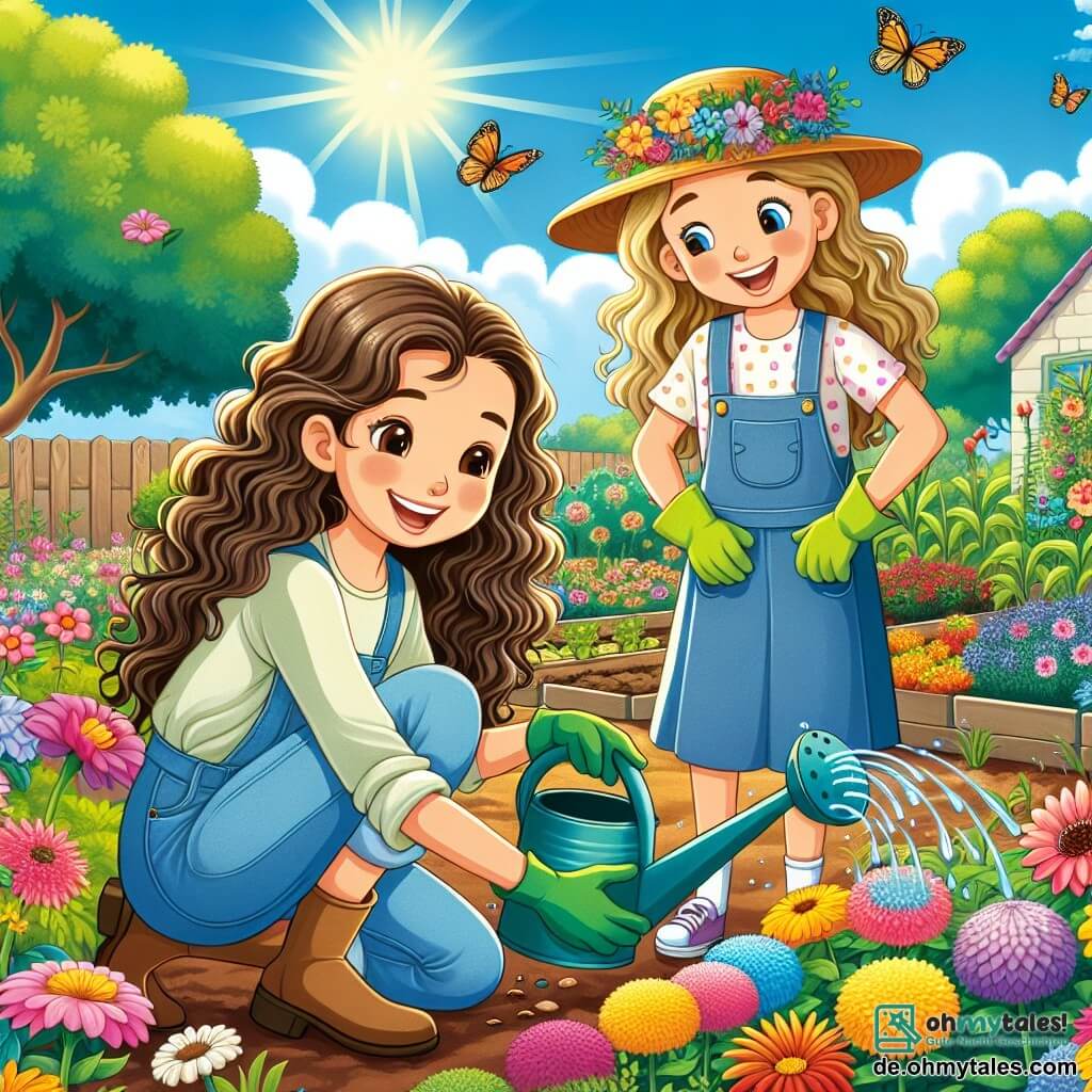 Ein 12-jähriges Mädchen, Mia, mit langen, lockigen braunen Haaren, lächelt fröhlich, während sie bunte Blumen in einem sonnigen Garten pflanzt. Sie trägt eine leichte Bluse und Jeans, mit grünen Gartenhandschuhen. Neben ihr ermutigt ihre beste Freundin Lena, ebenfalls 12 Jahre alt, mit blonden Haaren und einer bunten Kappe, sie, während sie eine Gießkanne mit Wasser hält. Der Garten ist voller leuchtender Blumen in allen Farben, Schmetterlinge fliegen um sie herum, und im Hintergrund ist ein kleiner Gemüsegarten mit wachsenden Gemüse zu sehen. Der Himmel ist blau und sonnig, und Vögel singen in den benachbarten Bäumen. Die Hauptsituation zeigt Mia und Lena, die zusammen arbeiten, um Samen zu pflanzen, lachen und Geschichten teilen, während sie die Schönheit des Frühlings und die Bedeutung der Natur entdecken.