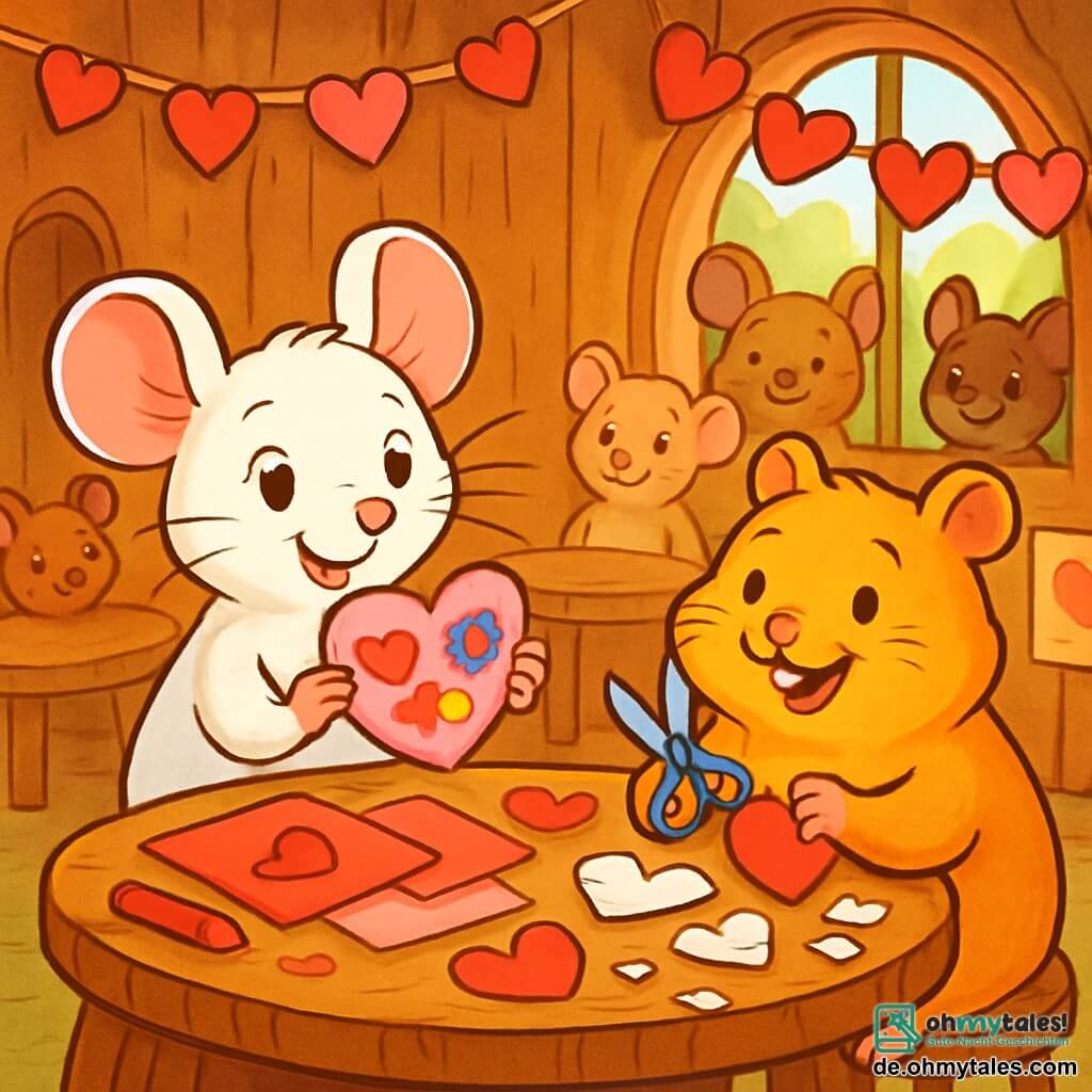 Mimi, eine kleine weiße Maus mit einem sanften, seidigen Fell und einer adorablen rosa Nase, sitzt an einem Tisch aus Baumrinde, ihre Augen funkeln vor Freude. Sie hält eine herzförmige Karte, dekoriert mit bunten Zeichnungen, und lächelt begeistert. Neben ihr zeigt Herrmann, ein runder, goldener Hamster, ein breites Lächeln, während er mit seinen kleinen Pfoten eine Schere hält. Er schneidet Papierherzen aus, während um ihn herum Papierstücke verstreut liegen. Die Szenerie ist ein Klassenraum der Mäuseschule, mit Wänden aus Rinde, Tischen aus Nüssen und Fenstern aus durchsichtigen Blättern, durch die das sanfte Licht eines sonnigen Nachmittags strömt. Papierherzgirlanden schmücken den Raum und schaffen eine festliche, warme Atmosphäre. Die Hauptsituation zeigt Mimi und Herrmann, die zusammen Valentinskarten basteln, umgeben von neugierigen Mitschülern, die sie bewundernd beobachten, alle in der Aufregung des Festes vertieft.