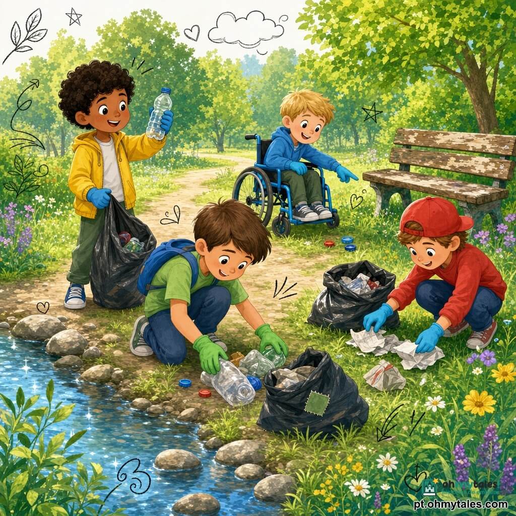 Quatro meninos de cerca de 9 anos limpam a margem de um pequeno rio num parque: Tomás, cabelos castanhos curtos, camiseta verde clara e mochila azul, agachado recolhendo um monte de plástico; Davi, cabelos negros cacheados, jaqueta amarela, em pé com uma garrafa plástica; Rui, cabelos castanhos, boné vermelho, recolhendo papéis na relva; Ivo, cabelos loiros, em cadeira de rodas azul‑clara, apontando para tampas perto de um banco de madeira gasto. Gramado verde, trilha de terra, árvores e flores silvestres, sacos de lixo abertos e luvas coloridas, manhã luminosa com cores saturadas e pequenos doodles indicando trabalho em equipa e ecologia.