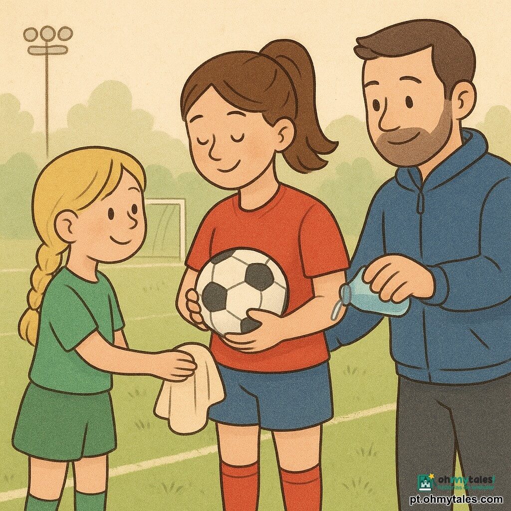 Uma jovem futebolista sorridente e serena, cabelo castanho em rabo de cavalo, com camisola vermelha, calções azuis e chuteiras amarelas, segura uma pequena bola de futebol ligeiramente brilhante com ternura; à esquerda, Lia, amiga de 9 anos, cabelo loiro em trança e saia desportiva verde, estende um pequeno pano macio para a bola; atrás à direita, o treinador João, cerca de 40 anos, barba curta e casaco impermeável azul, verte água de uma pequena garrafa sobre o pano; campo pequeno de relva ligeiramente molhada com uma poça brilhante, linhas brancas, postes e candeeiros a emitir luz morna; cena calma de limpeza da bola antes de voltar a jogar, gestos lentos, rostos sorridentes, atmosfera cooperativa e afetuosa, cores pastel e contornos suaves, texturas simples para crianças pequenas.