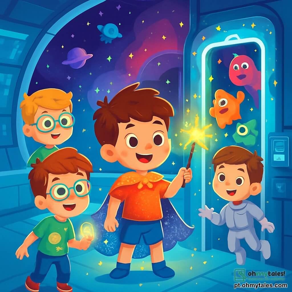 Há 4 crianças: - Leo: um garoto de 5 anos, com cabelos castanhos bagunçados e olhos curiosos. Ele usa uma capa brilhante feita de poeira de estrelas e segura uma varinha luminosa, posicionado ao centro, pronto para liderar a equipe. - Rafa: um garoto de 5 anos, com cabelos loiros e óculos redondos que escorregam pelo nariz. Ele veste uma camiseta verde com estampas de planetas e observa ao redor com um sorriso travesso, ligeiramente afastado, observando as criaturas que aparecem. - Davi: um garoto de 5 anos, com cabelos pretos e uma grande imaginação visível em seus olhos brilhantes. Ele veste uma calça azul e uma camisa vermelha, segurando uma pequena esfera luminosa que brilha em sua mão, à esquerda, pronto para lançar seu poder mágico. - Gui: um garoto de 5 anos, com cabelos castanhos e um rosto sorridente. Ele usa um traje espacial prateado e flutua levemente, como se estivesse em gravidade zero. À direita, observa as portas que se abrem com palavras mágicas. O cenário é uma estação espacial futurista flutuando no espaço, cercada por estrelas brilhantes e nebulosas coloridas. As paredes da estação são de vidro transparente, oferecendo uma vista deslumbrante do universo. Luzes brilhantes e telas holográficas iluminam a sala, enquanto robôs voadores passam ao fundo. A cena principal mostra os quatro amigos diante de um portal misterioso que se abre, liberando criaturas estranhas e coloridas. As crianças estão prontas para agir, com rostos iluminados pela excitação e curiosidade, enquanto faíscas de luz e magia dançam ao seu redor.
