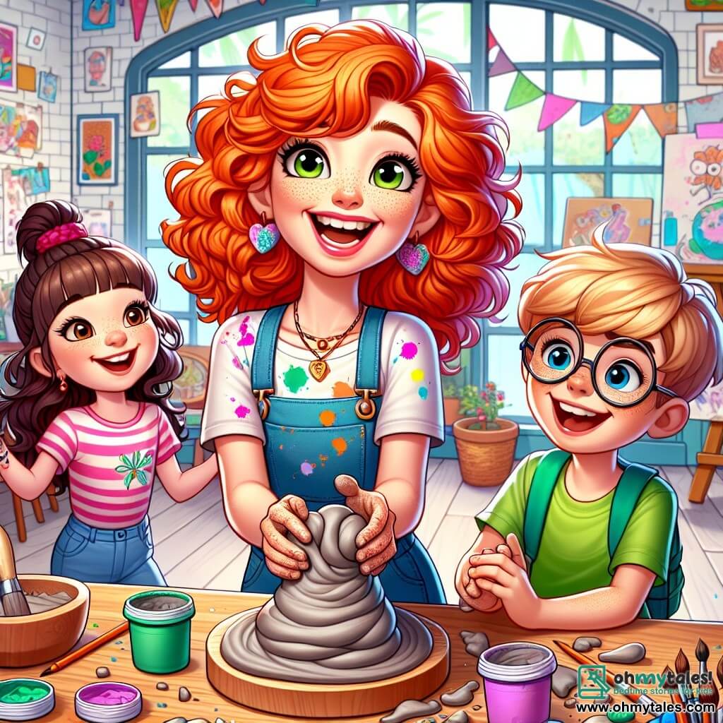 A cheerful woman, Miss Mia, with bright orange curly hair and a paint-splattered t-shirt, smiles enthusiastically while molding gray clay. She has sparkling creative eyes and rosy cheeks. Next to her, an 8-year-old girl with brown curls, Sam, dances with a big smile, her hands full of color. Lucas, a 9-year-old boy with a green backpack, observes attentively, holding a piece of clay in his hands, ready to create. Lily, a 7-year-old girl with big glasses and a bright smile, leans over the table, focused on making a small clay flower. The setting is a bright art studio with large windows letting in sunlight, walls covered in colorful paintings, and wooden tables filled with brushes, paint pots, and multicolored papers. The main scene shows Miss Mia and the children shaping clay sculptures together, laughing and sharing ideas, surrounded by a joyful and creative atmosphere where art comes to life under their hands.