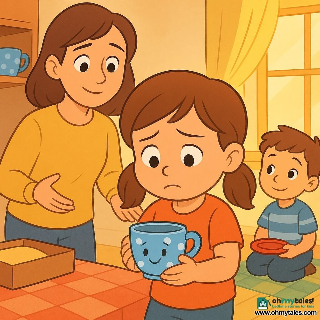 Emma, about 6, brown pigtails, round face and big bright eyes, soft repentant expression, holding a small blue polka-dot cup named Tilly with both hands to her chest; Tilly is an anthropomorphized tiny blue porcelain cup with white polka dots, a fine crack on the handle, drawn eyes and a relieved smile as if listening; Emma’s mother, in her thirties, stands just behind to the left, calm and reassuring with slightly open hands; Sam, a little boy friend in a striped t-shirt, sits slightly back on a play rug holding a toy plate, looking attentive and encouraging; warm, bright kitchen with a light wood table, checkered cloth, golden sunlight through the window, a shelf of cups and a padded box for Tilly on the counter; main scene: Emma quietly apologizing while cradling Tilly, intimate tender moment, calm safe atmosphere, warm colors and soft textures, composition centered on the hands holding the cup.