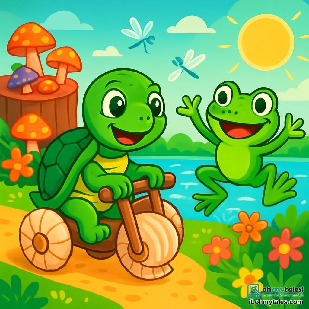 Tito, una tartaruga con un guscio verde smeraldo e grandi occhi brillanti di gioia, si muove con la sua carrozzina fatta di conchiglie e legno, con un ampio sorriso sul volto. Accanto a lui, Lella, una rana dalle squame verde vivo e dagli occhi rotondi, salta di gioia, con le zampe posteriori in aria, incoraggiandolo con entusiasmo. Sullo sfondo, un vecchio tronco coperto di funghi colorati si erge accanto a uno stagno scintillante, circondato da fiori variopinti e libellule danzanti. La scena rappresenta Tito e Lella che si divertono insieme, pronti a esplorare un mondo pieno di colori e avventure, mentre il sole splende sopra, creando un'atmosfera gioiosa e amichevole.