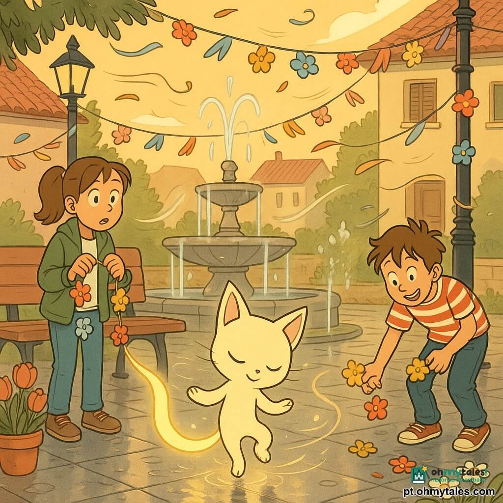 Personagem principal: pequena criatura mágica semelhante a um gatinho luminoso, pelo creme aveludado, cauda fina que difunde brilho amarelo, expressão benigna, dança suave sobre a pedra molhada da praça fazendo o ar ondular. Personagem secundária: Matilde, menina de 12 anos, cabelo castanho preso em rabo, rosto maravilhado, veste casaco verde e jeans, segura uma guirlanda de flores de papel junto a um banco à esquerda. Personagem secundário: Tomás, menino risonho de cabelos desgrenhados e t-shirt às riscas, à direita apanhando flores de papel caídas, postura alegre e um pouco desajeitada. Cenário: pequena praça de aldeia com calçada ainda brilhante da chuva, fonte central, postes e lampiões decorados com guirlandas coloridas, vasos com tulipas e margaridas, painel de cortiça com desenhos de crianças ao fundo. Situação: momento calmo após rajada de vento; as guirlandas flutuam suavemente, a criatura ilumina o ar para pesar os fitilhos e acalmar os movimentos, as crianças sorriem e recolocam as decorações numa atmosfera primaveril com luz dourada do fim de tarde.