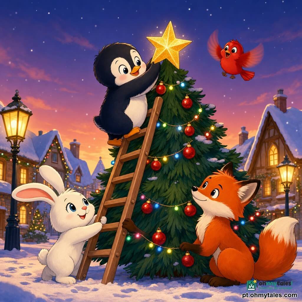 Pingo, um pequeno pinguim redondo e fofo, segura uma estrela dourada e sobe cuidadosamente uma escada de madeira para colocá-la no topo de um grande pinheiro de Natal; Lili, uma lebre branca de orelhas longas, segura a base da escada à esquerda, Rufa, uma raposa ruiva, a estabiliza à direita com ar protetor, e Tico, um filhote de pássaro vermelho, voa alegre acima; a cena passa numa praça nevada ao crepúsculo, com luzes quentes nas casas ao fundo, guirlandas e bolas no pinheiro, atmosfera acolhedora e cores vivas.