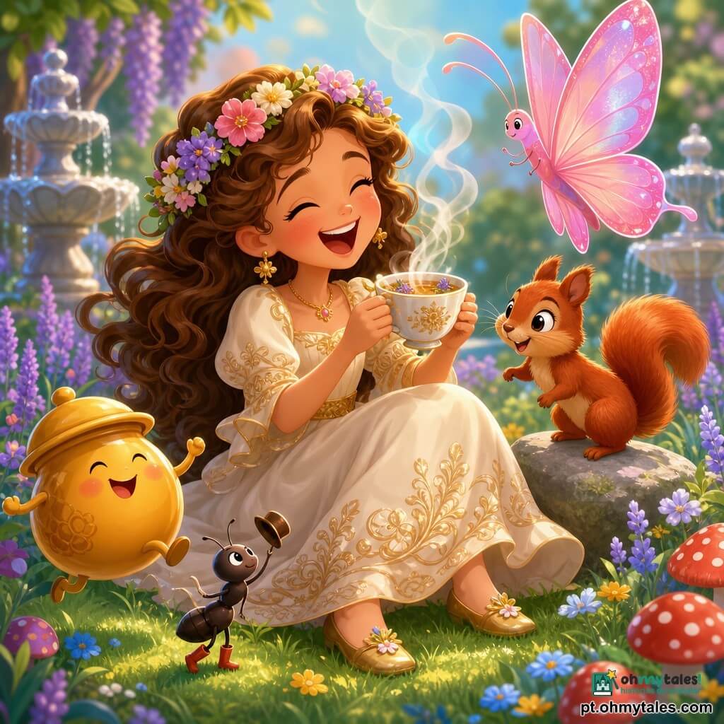 Uma princesa menina alegre e espiã, cabelos castanhos encaracolados com coroa de flores, vestido creme com bordados dourados, sentada na relva rindo e segurando uma xícara de chá fumegante; à sua direita um esquilo chamado Pipoca, pequeno e vivaz de pelagem ruiva, salta numa pedra olhando a xícara; acima dela uma grande borboleta rosa com asas translúcidas iridescentes; perto do pé esquerdo um pote de mel animado em terracota dourada com rostinho sorridente e tampa como chapéu pula no ar, ao lado uma formiga elegante de botinhas vermelhas segurando um pequeno chapéu; o jardim é exuberante com relva texturada, lavandas lilases, flores azuis e amarelas, fontes prateadas e cogumelos vermelhos de bolinhas brancas sob luz suave de fim de tarde; cena de pausa para chá divertida e levemente mágica, vapor em volutas e objetos dançantes centrados na princesa.