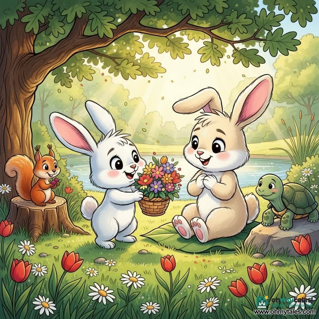 A small white cartoon rabbit with soft fur and drooping pink-lined ears proudly offers a colorful bouquet in a wicker basket to his cream-colored mother, who sits on a large green leaf blanket with a tender, moved expression; a mischievous red squirrel on a stump to the left holds berries and smiles, while an old green turtle reclines on a warm rock to the right watching kindly; the scene is a bright park under a large oak with lush grass dotted with daisies and red tulips, a small shimmering pond and sunbeams filtering through the branches, tender surprise mood, mid-shot composition, vivid ink colors, crisp outlines and visible brush textures.
