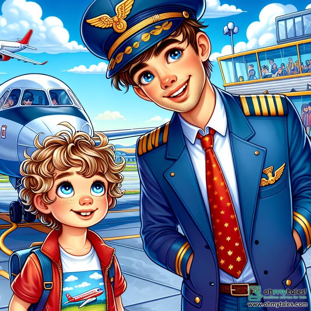 A young man, Captain Jack, smiling and enthusiastic, wears a blue pilot uniform with golden wings on his hat. His eyes shine with excitement as he stands next to his large silver plane, ready for takeoff. Beside him is a small boy named Max, about 8 years old, with curly hair and sparkling eyes, wearing a red T-shirt with a plane design. He admires the cockpit, hands on the dashboard, dreaming of becoming a pilot. The scene takes place on a sunny airport tarmac, with planes in the background and a blue sky dotted with a few white clouds. Captain Jack explains flight details to Max, while the sound of engines and the hustle of the airport create a dynamic atmosphere. The illustration captures the magical moment when Max discovers the fascinating world of aviation, filled with dreams and adventures.