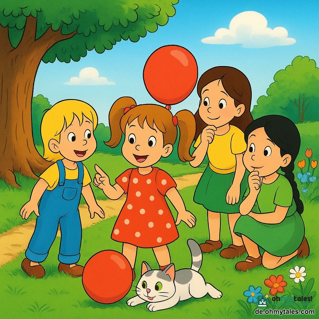 Vier Kinder und eine Katze: Mia (6), hellbraune Zöpfe, rotes gepunktetes Kleid, hält roten Ballon, steht im Vordergrund; Lili (5), kurze blonde Haare, blaue Latzhose, zeigt auf den Stamm einer großen Eiche links; Emma (6), lange braune Haare, gelbes T-Shirt, schaut zum Blumenbeet rechts; Sophie (5), schwarze geflochtene Haare, grüner Rock, denkt mit der Hand am Kinn und steht hinter Mia; Mimi die Katze, weiblich, weiß mit grauen Flecken, grüne Augen, spielt mit dem roten Ballon im Gras vorn rechts. Ort: sonniger Hausgarten mit dichtem grünen Rasen, großer Eiche links mit sichtbaren Wurzeln, buntes Blumenbeet (Tulpen, Kornblumen, Gänseblümchen) rechts, kleiner Erdweg, heller blauer Himmel mit wenigen Wolken. Szene: Die vier kleinen Detektivinnen finden ihren von Mimi versteckten roten Ballon, freudige, neugierige Blicke, lebhafte Gesten, fröhliche Ausdrücke, klare bunte 90er-Cartoon‑Optik mit gesättigten Farben und deutlichen Konturen.