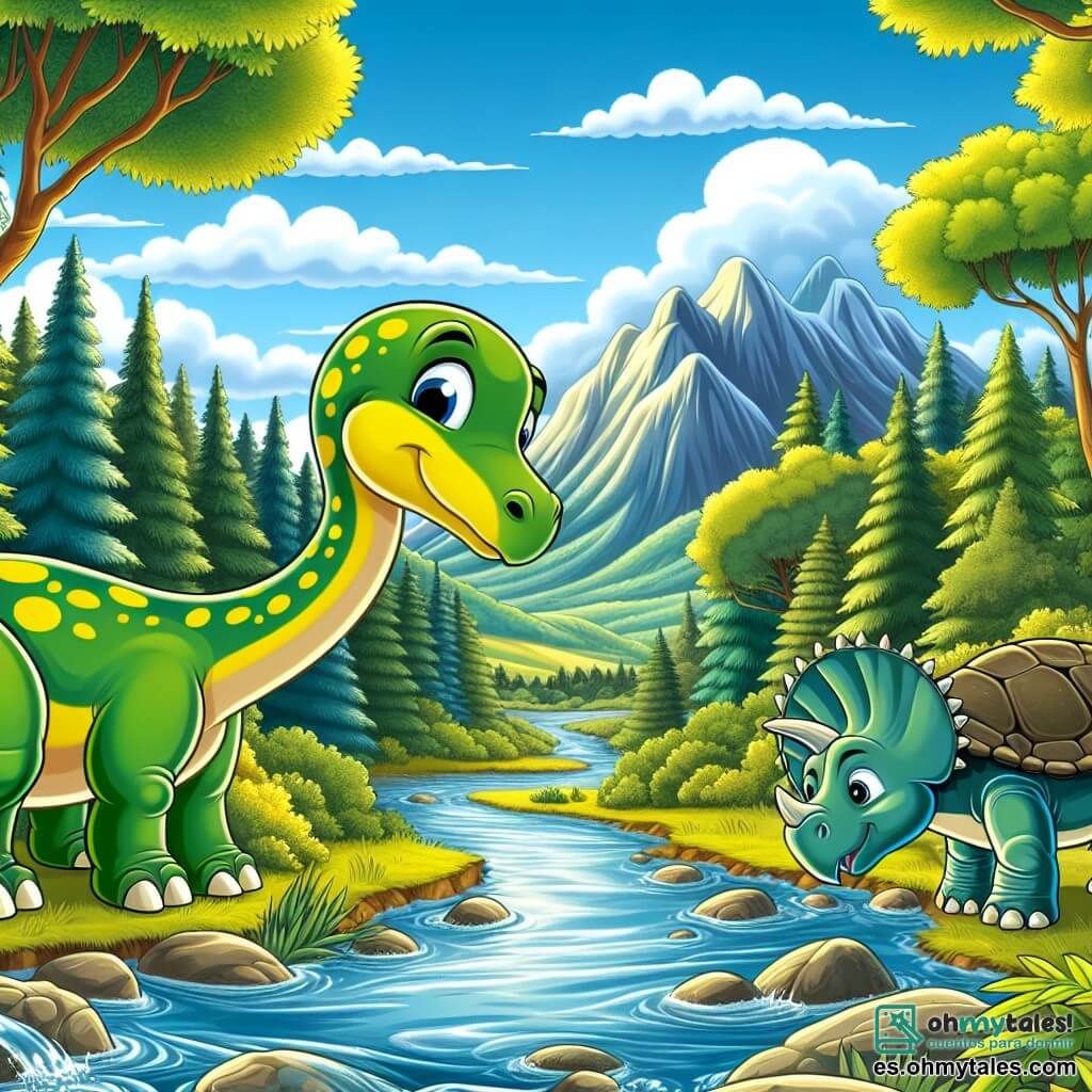 Dippy, un diplodocus de largas patas y cuello elegante, está al borde de un arroyo brillante, con su rostro mostrando determinación y entusiasmo. Su piel es de un verde suave, salpicada de manchas amarillas, y se inclina ligeramente hacia adelante, listo para escuchar el murmullo del agua que fluye. A su lado, Tank, un anquilosaurio robusto con una armadura natural de placas óseas y una cola en forma de maza, observa atentamente el paisaje, su mirada concentrada en el problema a resolver. Es un poco más pequeño que Dippy, pero su presencia es imponente, y se mantiene firme sobre sus patas cortas, listo para ayudar a su amigo. Al fondo, el valle perdido se extiende majestuosamente, con árboles gigantes de hojas exuberantes y montañas rugientes que se alzan en el horizonte, sus cumbres cubiertas de nubes. El cielo es de un azul brillante, salpicado de algunas nubes blancas, y el sol brilla, iluminando la escena con una luz dorada. La situación principal muestra a Dippy y Tank pensando juntos en cómo desbloquear el curso del agua, con destellos de luz en sus ojos, simbolizando su esperanza y amistad, mientras se preparan para salvar su querido valle.
