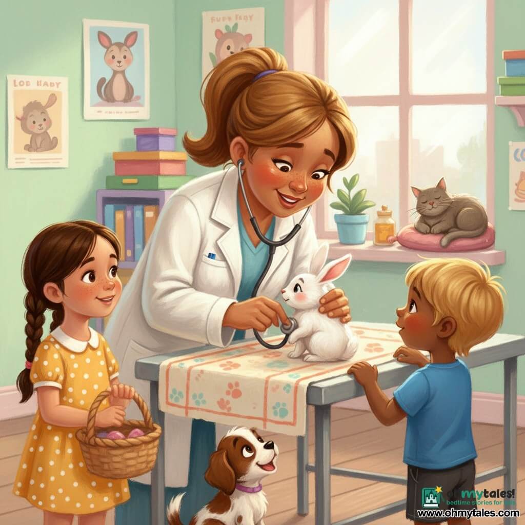 A warm, smiling female veterinarian with a round face and light brown ponytail in a white coat gently examines a small white rabbit with a stethoscope while a girl (Sarah, ~8) with brown braids in a yellow polka-dot dress holds the rabbit's basket at left, a curious blond boy (Tommy, ~6) in a blue T‑shirt stands at right with his hands on the exam table, a spotted brown puppy (Max) sits in the foreground wagging its tail and a grey old cat (Whiskers) rests on a cushion in a quiet corner; the bright clinic has mint and pale pink walls, playful animal posters, colorful shelves, a large window with soft light and a patterned towel on the exam table, creating a tender, reassuring scene with soft pastel colors and visible crayon-like textures.