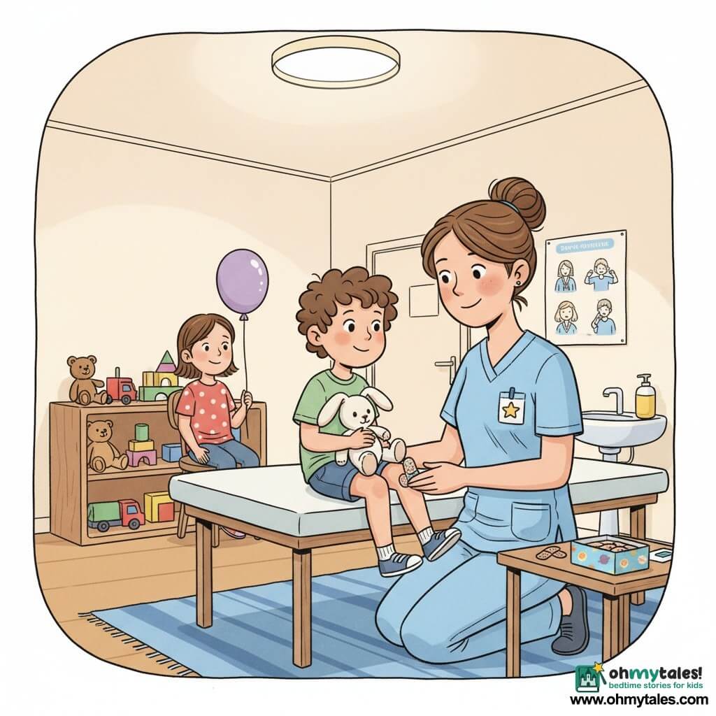A smiling, compassionate female doctor of about 35 with brown hair in a bun, wearing a pale blue coat and a star badge, is kneeling by an exam table applying a planet-pattern bandage to a little boy’s knee; she has a reassuring, calm expression, rounded face, relaxed brows and gentle hands holding his knee. The boy, about 6, in shorts with a bare knee and curly hair, sits on the table holding a white stuffed rabbit, swinging his legs with a confident, curious look. A 9-year-old girl waits on a chair near the toy corner with a purple balloon and a shy smile. The warm clinic has cream walls, wooden shelves with colorful toys, an open box of multicolored bandages on a small table, a round ceiling light casting soft glow, a digital thermometer on the table, a sink with yellow liquid soap, a simple poster about deep breathing on the wall and a blue striped rug under the table; the scene conveys tender, precise care after a minor scrape in a bright, safe atmosphere.