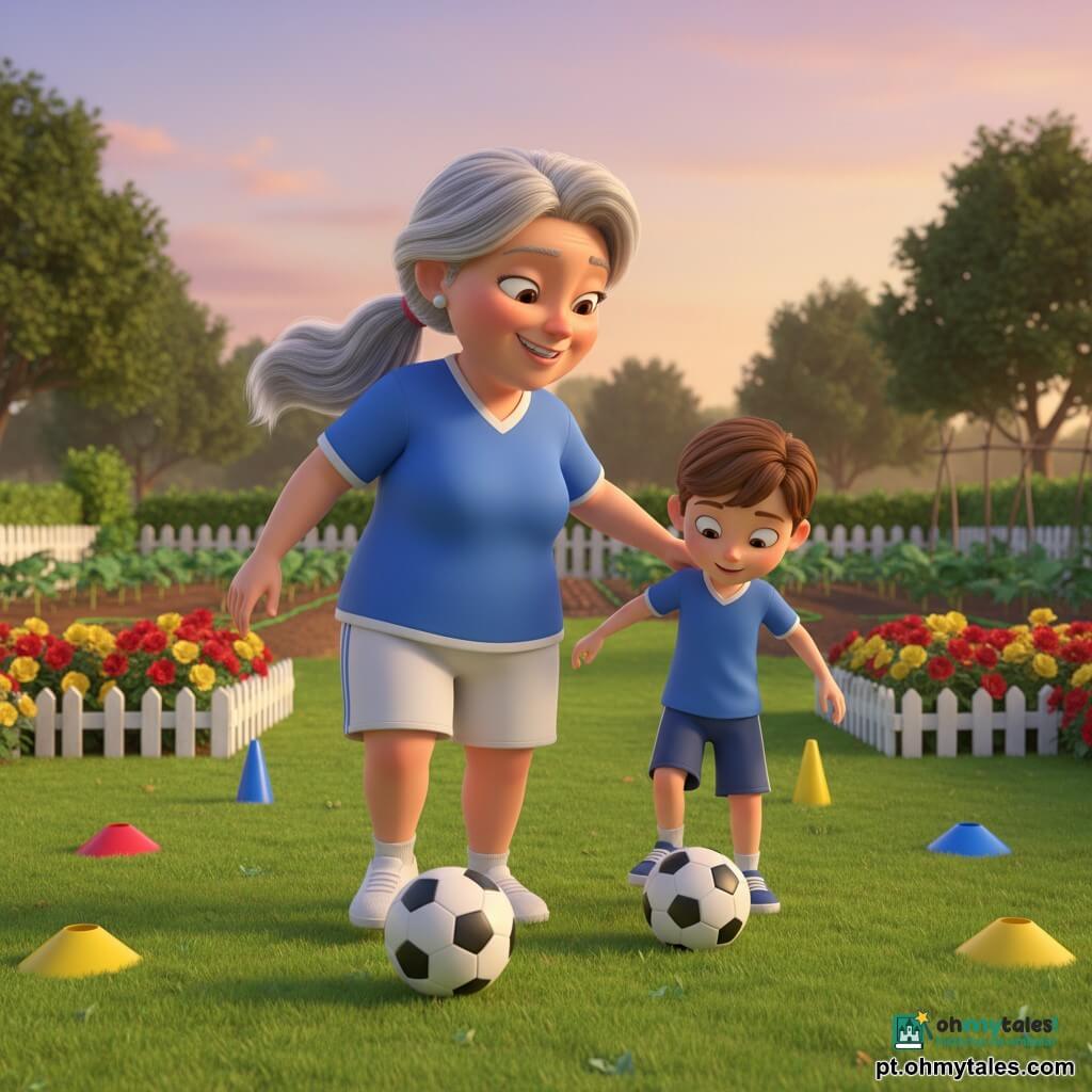 Dona Clara, mulher adulta sorridente de cabelos grisalhos presos em rabo de cavalo, com roupa esportiva (camiseta azul e short branco), mostra um drible com uma bola de futebol enquanto o menino Pedrinho, cerca de 8 anos, cabelos castanhos curtos, a imita tentando controlar a bola; ela toca levemente o ombro dele, posicionada à frente e com olhar benevolente; cenário: jardim ensolarado com pequena cerca branca, flores vermelhas e amarelas, gramado e horta ao fundo, luz suave do fim de tarde e céu alaranjado, uma bola preto e branco ao lado e alguns cones coloridos na relva; atmosfera alegre, pedagógica, cores vivas, estilo fofo e acolhedor para crianças.