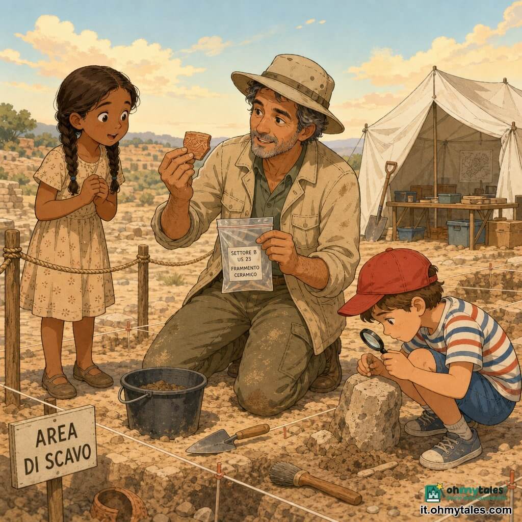 Un archeologo sorridente e concentrato, capelli sale e pepe corti, giacca beige impolverata e cappello morbido, inginocchiato mentre tiene con delicatezza un piccolo frammento di ceramica arancione in una mano e un sacchetto di plastica etichettato nell’altra; una bambina con lunghe trecce castane e abito semplice, a sinistra vicino alla corda con le mani giunte e sguardo meravigliato; un bambino con berretto rosso, maglietta a righe e pantaloncini, accovacciato a destra che osserva con una piccola lente una pietra; il sito è un altopiano arido dal suolo sabbioso beige con file delimitate da corde e picchetti, piccoli cumuli di terra, cartelli “Area di scavo” e una tenda bianca sullo sfondo sotto un cielo limpido e luce calda di tardo pomeriggio; l’archeologo spiega con gesti lenti, strumenti visibili (pennello, piccola cazzuola, secchi), espressione di rispetto e pazienza, bambini vicini ma dietro la corda; stile a colori pastello, contorni morbidi, atmosfera calma e pedagogica.
