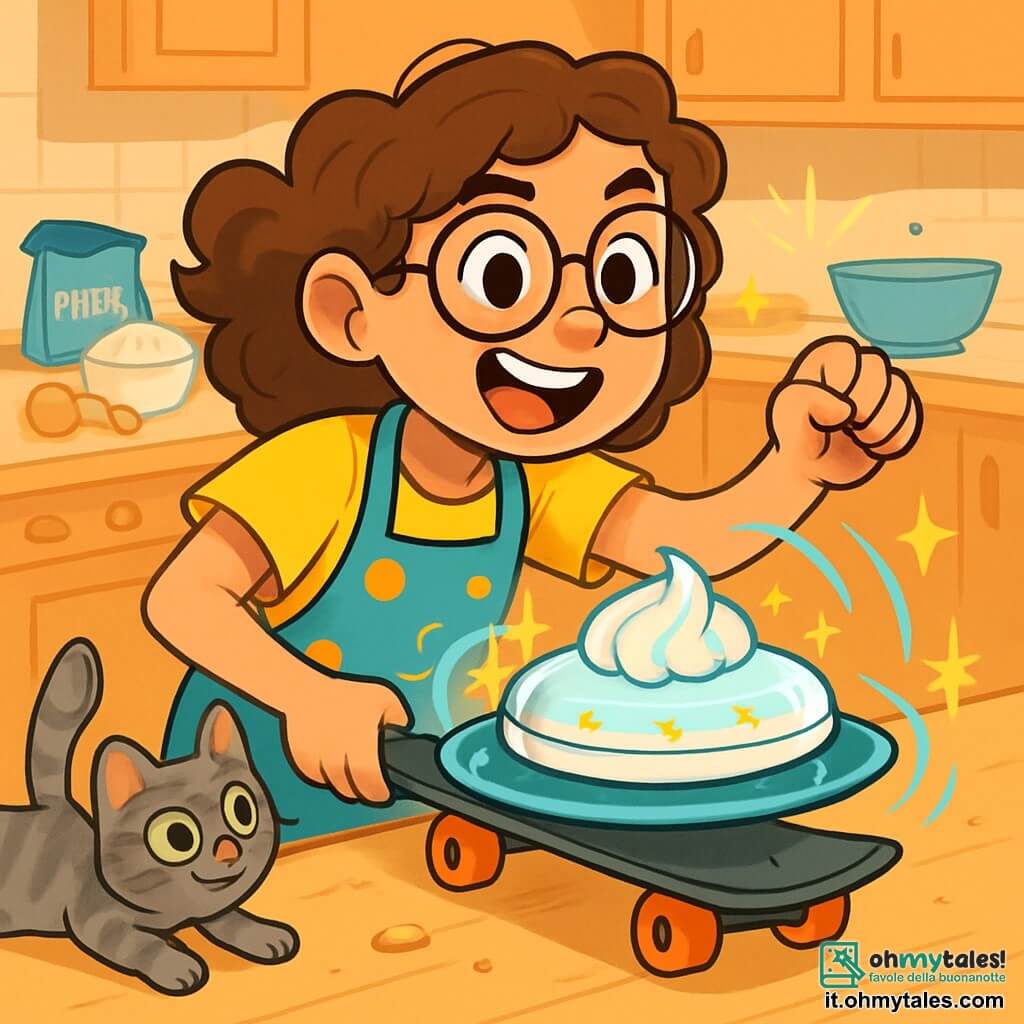 Una ragazza di 12 anni, con capelli castani ricci e occhiali rotondi, sorride con eccitazione e determinazione. Indossa una maglietta gialla brillante e un grembiule a pois, mentre tiene una piccola torta a forma di disco volante, decorata con meringa e zucchero filato. Accanto a lei, il suo gatto grigio, Pasticcio, con occhi verdi scintillanti, osserva la scena con curiosità, pronto a saltare su una briciola di torta. Sullo sfondo, una cucina in disordine, con ingredienti sparsi, tazze di farina e coloranti alimentari, creando un'atmosfera gioiosa e caotica. La scena principale mostra la ragazza che spinge il suo skateboard con la torta, pronta a lanciarla per farla "volare", circondata da un'aura di magia e entusiasmo.