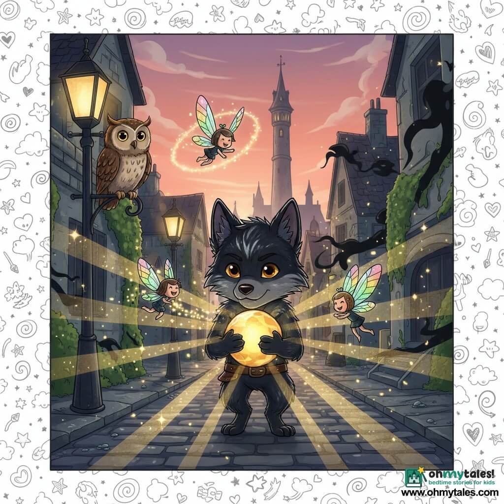 A small anthropomorphic guardian wolf with deep black fur streaked with silver and bright amber eyes holds the Heartstone — a warm yellow-gold pulsing orb — against his chest; three tiny glassy-winged pixies smile and whirl in arcs leaving trails of luminous dust around him, while an ancient brown-speckled owl with golden eyes perches on a wrought-iron lamppost to the left, watching calmly. The scene is Eldermoor at dawn: dew-bright cobblestones, smoked gas lamps, ivy-covered stone buildings and the slender silhouette of the Hollowspire tower against a salmon-and-mauve sky. The Heartstone casts broad yellow beams that drive away curling black shadows from the buildings, creating a triumphant, reborn atmosphere with strong contrasts, small sparks, dew drops and textured stone visible.