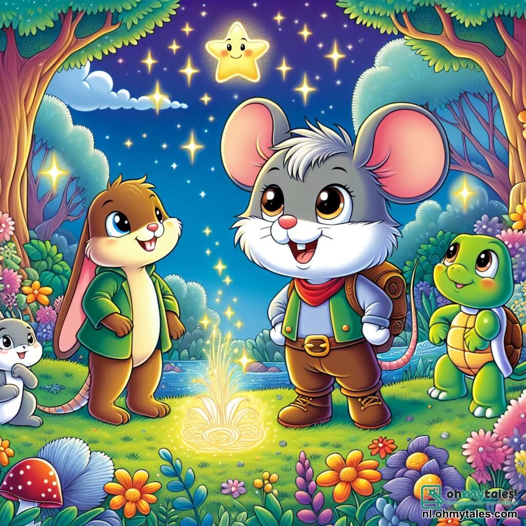 Een kleine avontuurlijke muis met een zachte grijze vacht en grote nieuwsgierige ogen, die verwonderd glimlacht, staat voor een prachtige magische bron die straalt met een heldere licht. Naast hem kijkt een blije konijn met grote oren en een lichtbruine vacht, met een vastberaden blik, enthousiast naar de bron, klaar om te helpen. Een dappere schildpad met een groene schild, die een zelfverzekerde uitdrukking heeft, staat iets verderop en observeert de scène aandachtig. Op de achtergrond strekt zich een betoverd bos uit, met majestueuze bomen met kleurrijke bladeren en fonkelende bloemen, terwijl sterren beginnen te stralen in een schemerige lucht. De hoofdscène toont de kleine muis en zijn vrienden, verenigd in hun zoektocht om een treurig ster te helpen zijn glans terug te vinden, vol hoop en vriendschap.
