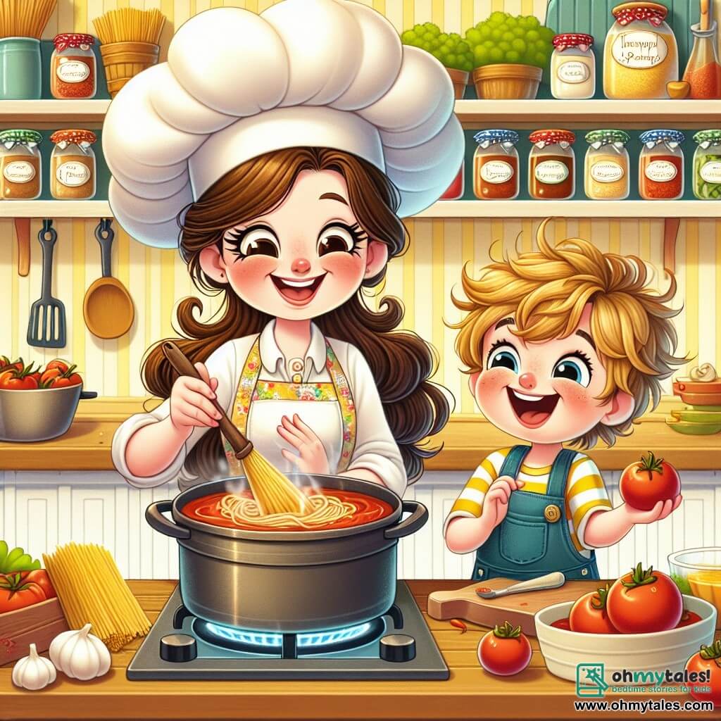 Mia, the chef, is a cheerful woman with long brown hair in a bun. She wears a large white hat and a colorful apron, smiling enthusiastically while holding a spatula, ready to mix tomato sauce in a big pot. Next to her, Timmy, a 7-year-old boy with messy blond hair and sparkling eyes, holds a shiny red tomato, laughing as he looks at Mia while standing on a small stool to help cook. The scene takes place in a warm and inviting kitchen with pastel yellow walls, shelves filled with colorful spice jars, and fresh vegetables on the wooden countertop. A large pot of boiling spaghetti sits on the stove, adding a lively atmosphere. Mia and Timmy enjoy preparing a spaghetti dish together, sharing laughter and joy, while the kitchen is filled with delicious aromas of tomatoes and herbs.