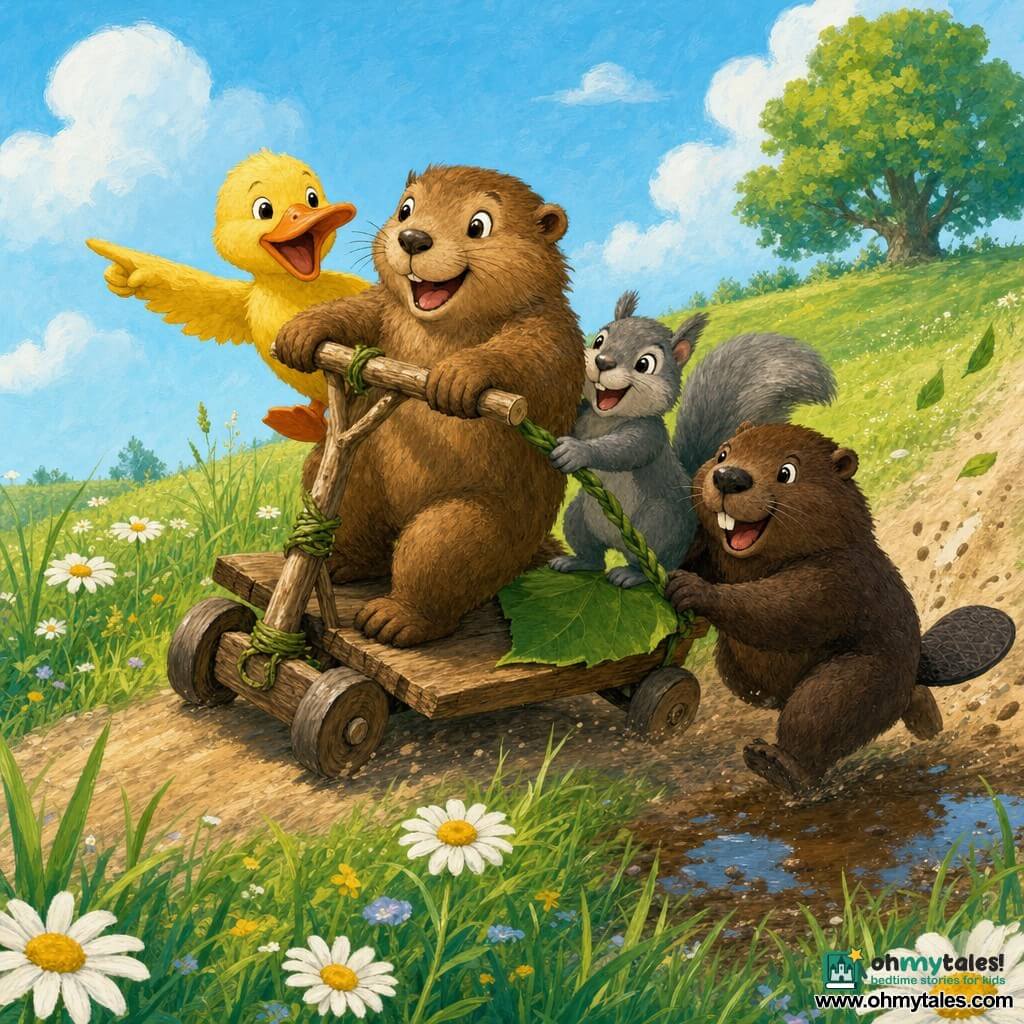 Milo is a joyful marmot with soft brown fur and twitching whiskers holding the handlebars of a handmade wooden scooter; Daisy is a yellow duck with a bright orange beak, wings slightly spread, smiling and guiding from behind; Benny is a stocky dark-brown beaver with visible teeth pushing the scooter and using a large green leaf as a seat; Zoe is a gray squirrel with bright eyes holding a braided vine to steady the scooter and standing on the platform; the setting is a sunny meadow with green grass, white daisies, a dirt path, a muddy puddle and a tree on the horizon under a pale blue sky; the scooter rolls down a gentle hill, the friends laugh as light dust and leaves fly; colorful acrylic painting style with soft strokes and rounded outlines, warm playful mood for toddlers.