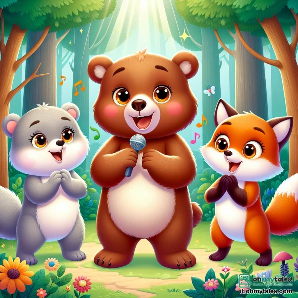 Un giovane orso dal pelo marrone e morbido, con grandi occhi scintillanti di curiosità, si trova al centro della scena, sorridendo entusiasta mentre canta gioiosamente. Accanto a lui, un orso dal pelo chiaro, con occhi brillanti e un sorriso caloroso, lo incoraggia battendo le mani, esprimendo una gioia contagiosa. Una piccola volpe dal pelo rosso, con un'espressione di eccitazione sul volto, danza intorno a loro, aggiungendo un tocco di dinamismo. La scena si svolge in una foresta incantata, dove grandi alberi con tronchi spessi e foglie verdi creano un'atmosfera accogliente. Fiori colorati punteggiano il terreno, e un dolce raggio di sole filtra tra i rami, illuminando il gruppo di amici. I personaggi si sono riuniti per una grande festa della musica, celebrando la loro amicizia e tolleranza, mentre altri animali della foresta si radunano attorno a loro, pronti ad ascoltare e partecipare a questa bella armonia.