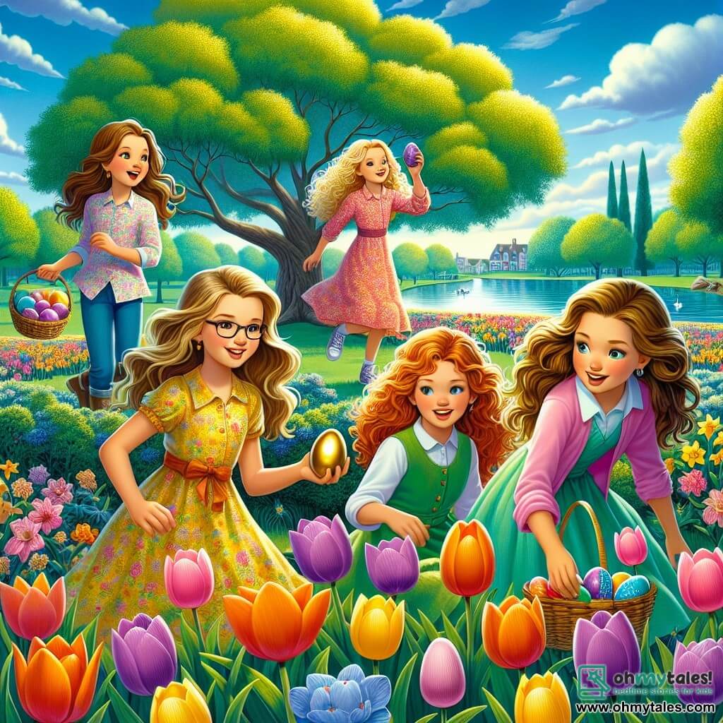In the foreground, four twelve-year-old girls stand together, smiling and full of enthusiasm. Lily, with long brown hair and glasses, wears a yellow floral dress and holds a sparkling golden egg in her hands. To her right, Mia, a girl with curly blonde hair, is dressed in a pink tunic and gazes in wonder at a purple egg she just found. On the left, Zoe, with her red hair tied in a ponytail, wears a green t-shirt and crouches to inspect an orange egg hidden under a flower. Finally, Emma, a girl with smooth brown hair dressed in a blue dress, leans down to pick up a shiny blue egg, with a big smile on her face. In the background, Willow Creek Park is filled with colorful flowers, with tulips and daffodils gently swaying in the breeze. A majestic oak stands next to a small pond where ducks swim peacefully. The sky is bright blue, dotted with a few fluffy white clouds. The main scene shows the girls in the midst of an Easter egg hunt, discovering eggs hidden in the flowers and under the trees, with laughter and expressions of joy on their faces, capturing the spirit of adventure and camaraderie of this magical day.