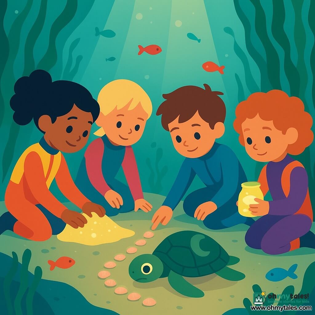 There are four children: Aya, a 5-year-old girl with black, curly hair tied in a ponytail, holding a bright sand map on the left side of the image. Lila, also 5, has short blonde hair and stands next to Aya on the right, gently touching the map. Milo, a 5-year-old boy with tousled brown hair, sits next to Lila, counting the fish around him. Noor, a 5-year-old girl with red, curly hair, holds a small jar of light, illuminating the scene next to Milo. They are all wearing colorful diving suits in an underwater kelp forest. Long green seaweeds gently sway around them, creating a natural curtain effect. Multicolored fish swim around, adding touches of red, blue, and yellow to the image. The main scene shows the children helping a small sea turtle stuck on a sand ledge. The turtle has a moon-shaped mark on its shell and looks at the children with curious eyes. The children, focused and determined, are building a path of shells to help the turtle climb up. The water is clear and bright, with sunlight filtering through the surface, illuminating the scene with a golden glow.