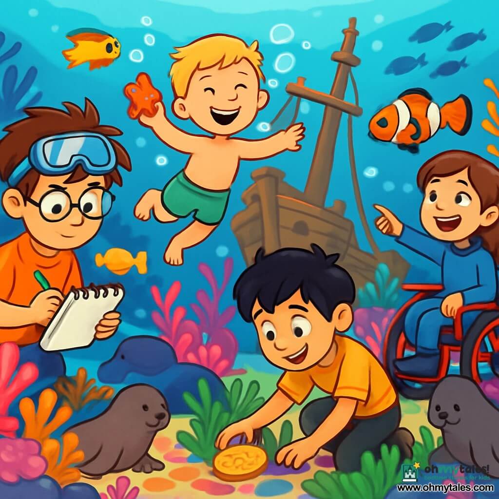 There are 4 characters: Max, a 10-year-old boy with messy brown hair and diving goggles on his forehead, holding a sketchbook and pencil while observing colorful fish; Leo, a 9-year-old boy with blonde hair and a big smile, joyfully swimming surrounded by bubbles and showing a starfish he found; Jamie, a 10-year-old girl with brown hair in a blue wetsuit, laughing enthusiastically in a floating wheelchair while pointing at a clownfish nearby; and Owen, a 9-year-old boy with black hair and freckles, searching through seaweed for marine treasures as he approaches his friends. The main setting is a beautiful underwater garden filled with vibrant coral in bright pink, orange, and purple colors, with shimmering schools of fish swimming around and a majestic wooden shipwreck covered in coral and shells at the center, creating a magical and mysterious atmosphere. The main situation shows the four friends exploring the shipwreck, discovering a shiny medallion and a colorful path on the seabed, as a group of baby seals curiously watches them, ready to join in a new game invented by the children.
