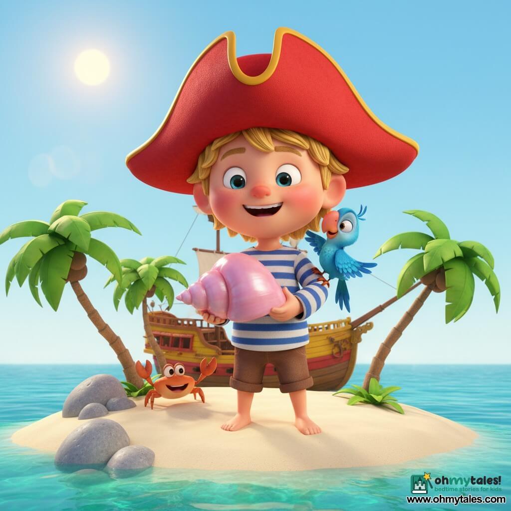 A cheerful, brave boy pirate smiles with round cheeks and bright eyes, wearing a large red hat, a white-and-blue striped shirt and short brown pants, holding a smooth pink shell; a small bright blue parrot perches on his right shoulder looking at the shell, an orange crab waves a claw near rocks to his left, and behind him a yellow-and-red wooden boat is moored on a small round island with soft cream sand, rounded gray rocks, clear turquoise water, curved green palm trees, and a clear blue sky with a warm sun.