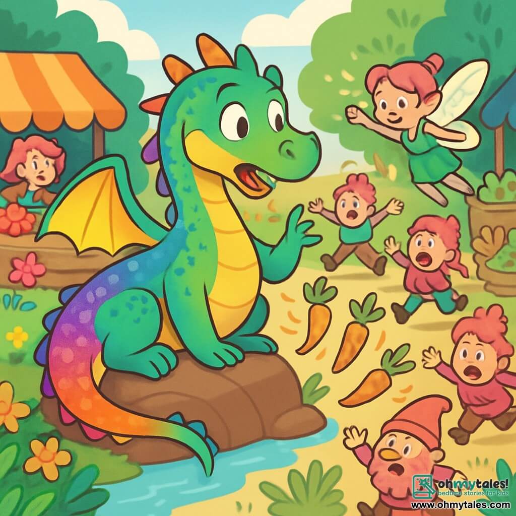 Tumble, a dragon with shimmering rainbow scales, is lazily lying on a soft rock by the Wobbleton river, displaying an amused surprise as he watches the pink-haired villagers. Pippa, a tiny fairy with sparkling wings, flits around him, her eyes sparkling with excitement as she gestures to get his attention. The setting is a colorful market, overflowing with fruits and vegetables, where the villagers, all with vibrant hair, bustle about in a joyful chaos. The scene is filled with bright colors, with flowers swaying in the wind and pink-bearded gnomes running around. The main situation shows Tumble, the dragon, slowly getting up, intrigued by the mess caused by magical carrots, while Pippa encourages him to intervene and restore calm to the village.