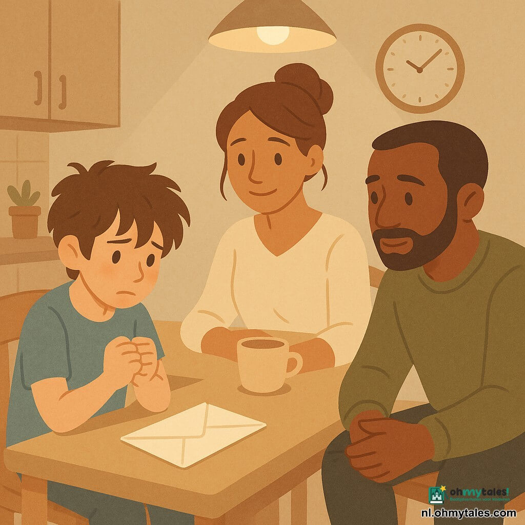 Een fragiele 12-jarige jongen met glanzende ogen en warrig bruin haar zit opgerold aan een lichte houten keukentafel met een witte enveloppe voor zich; tegenover hem zitten zijn ouders (beide rond 35–40 jaar) — de moeder met los opgestoken kastanjebruin haar en crème blouse glimlacht schuchter, de vader met korte baard en olijfgroen trui kijkt zacht — de sfeer is gespannen maar kalm, melancholisch, avondlicht valt van een hanglamp, een halfvolle theekop en een ronde klok aan de muur benadrukken de aankondiging van een scheiding.