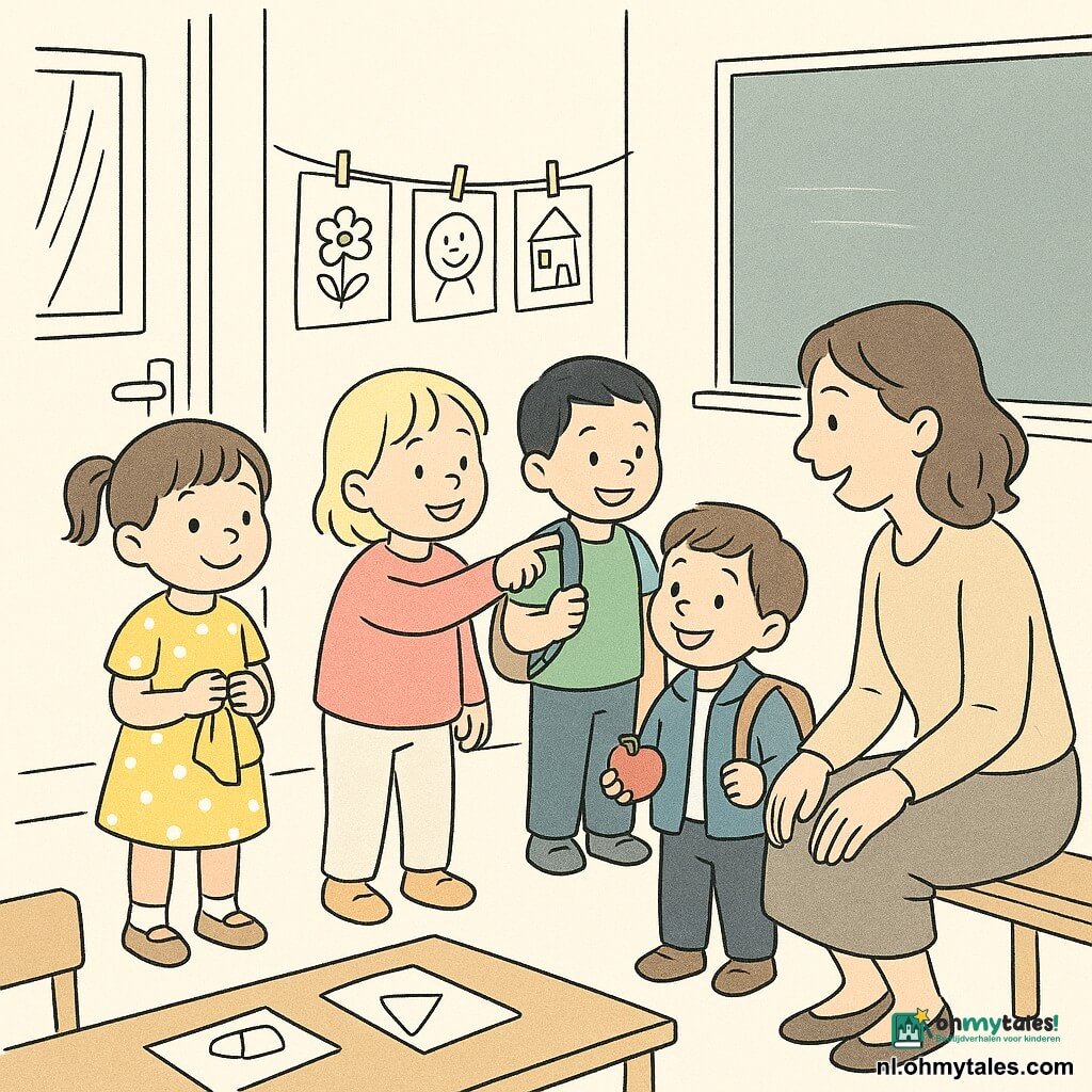 Er staan vier 3-jarige kinderen in een lichte kleuterklas: links een bruinharig meisje met twee staartjes en een gele jurk met witte stippen dat lacht en een opgevouwen sjaaltje vasthoudt, in het midden een kort blond meisje in een roze trui dat naar tekeningen aan een waslijn wijst, rechts een zwartharig jongetje in een groen T‑shirt met een rugzakje scheef op zijn schouder dat lacht, en achteraan een kastanjebruin jongetje met een blauwe jas dat een appel vasthoudt en naar de op haar knieën gezette juf kijkt; sfeer vriendelijk en nieuwsgierig, zachte lichtinval door gestreepte gordijnen, klein meubilair en kindertekeningen zichtbaar.